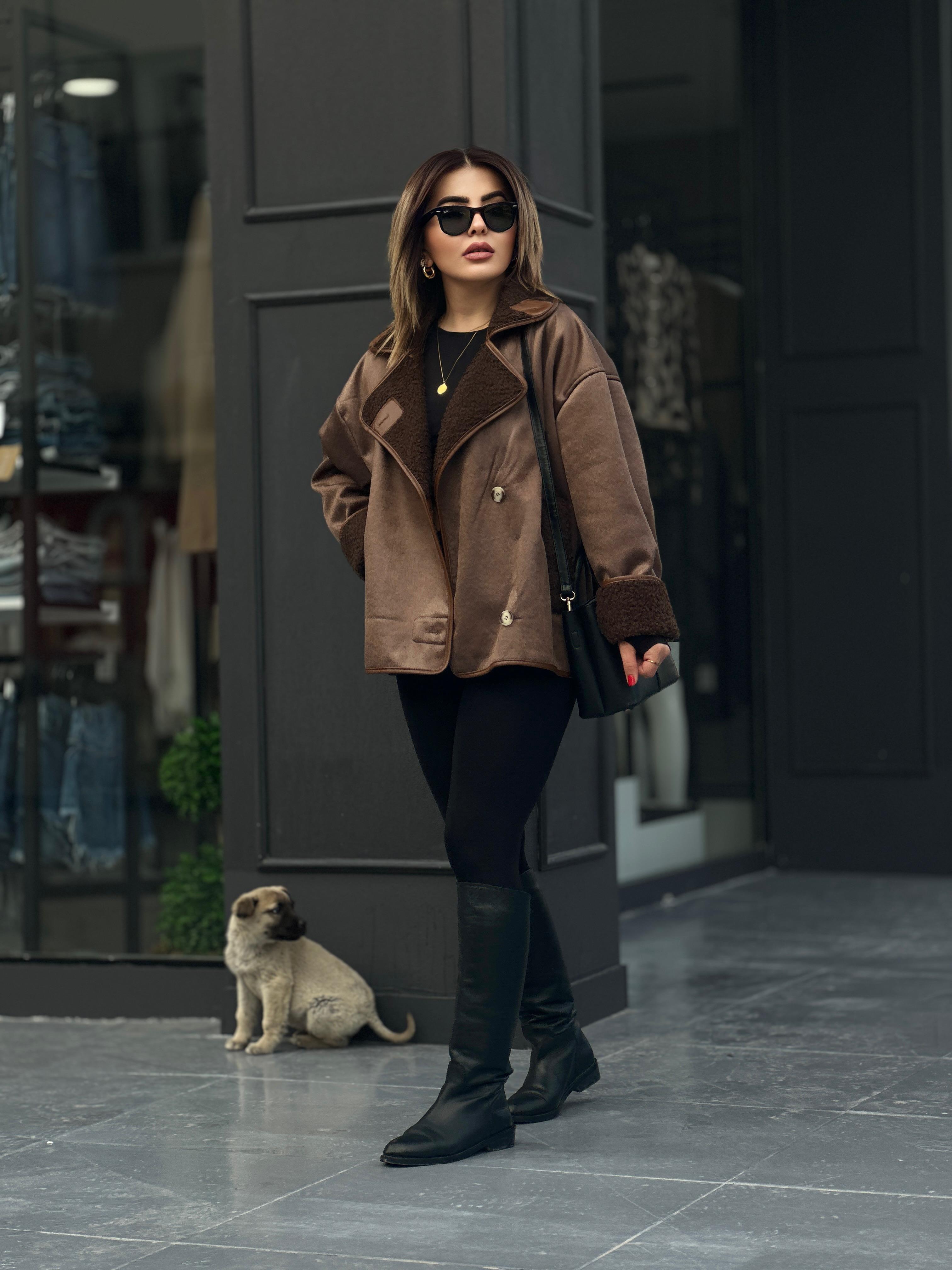 Acı Kahve İçi Kürklü Oversize Ceket 