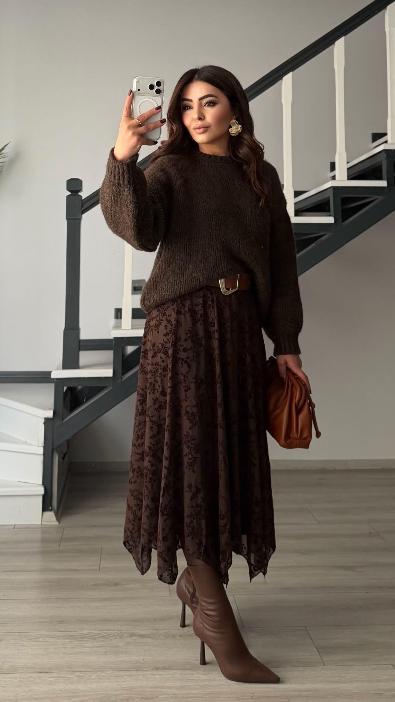 Dark Coffee Embossed Patterned Lined Asymmetrical Skirt