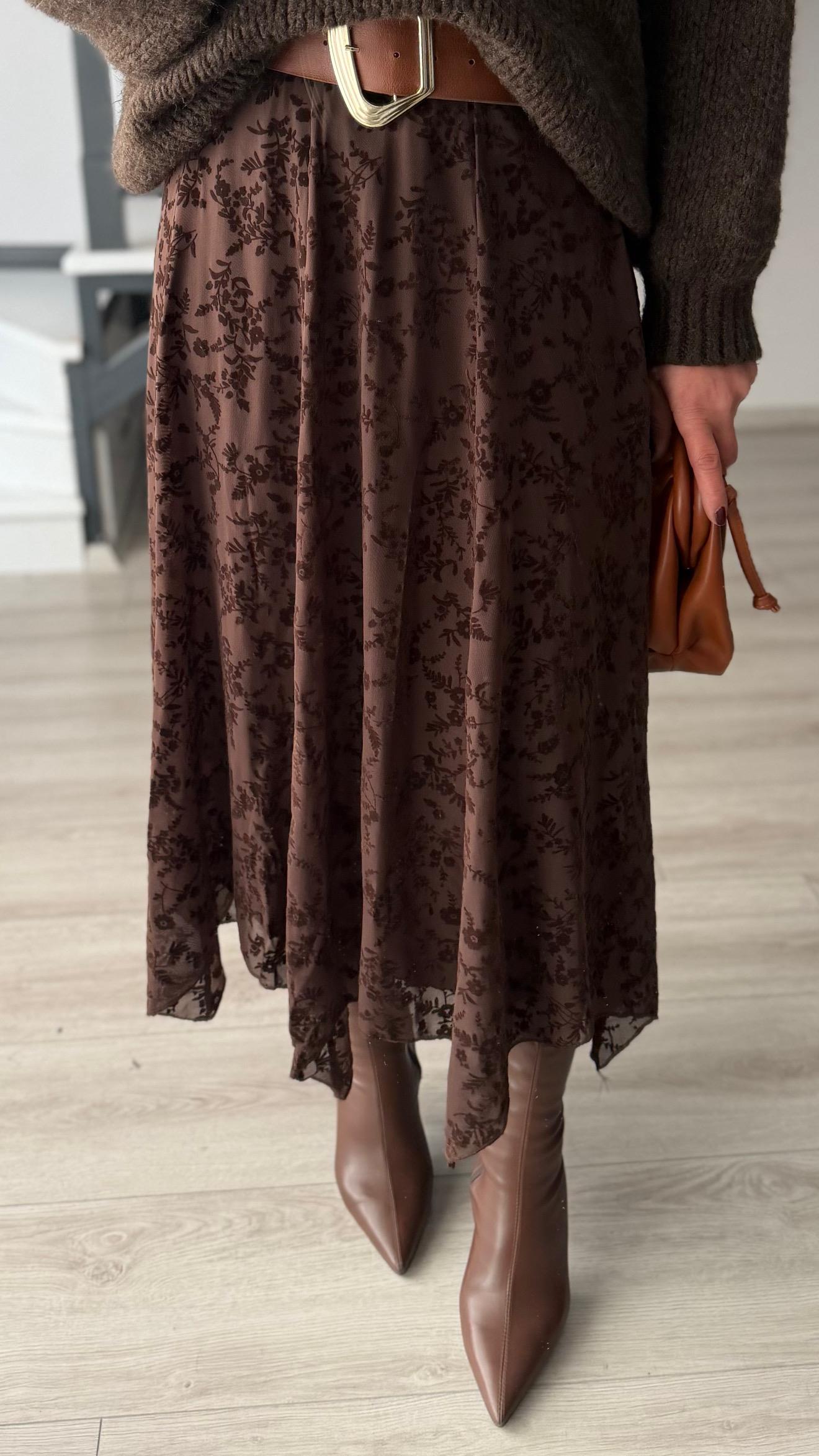 Dark Coffee Embossed Patterned Lined Asymmetrical Skirt