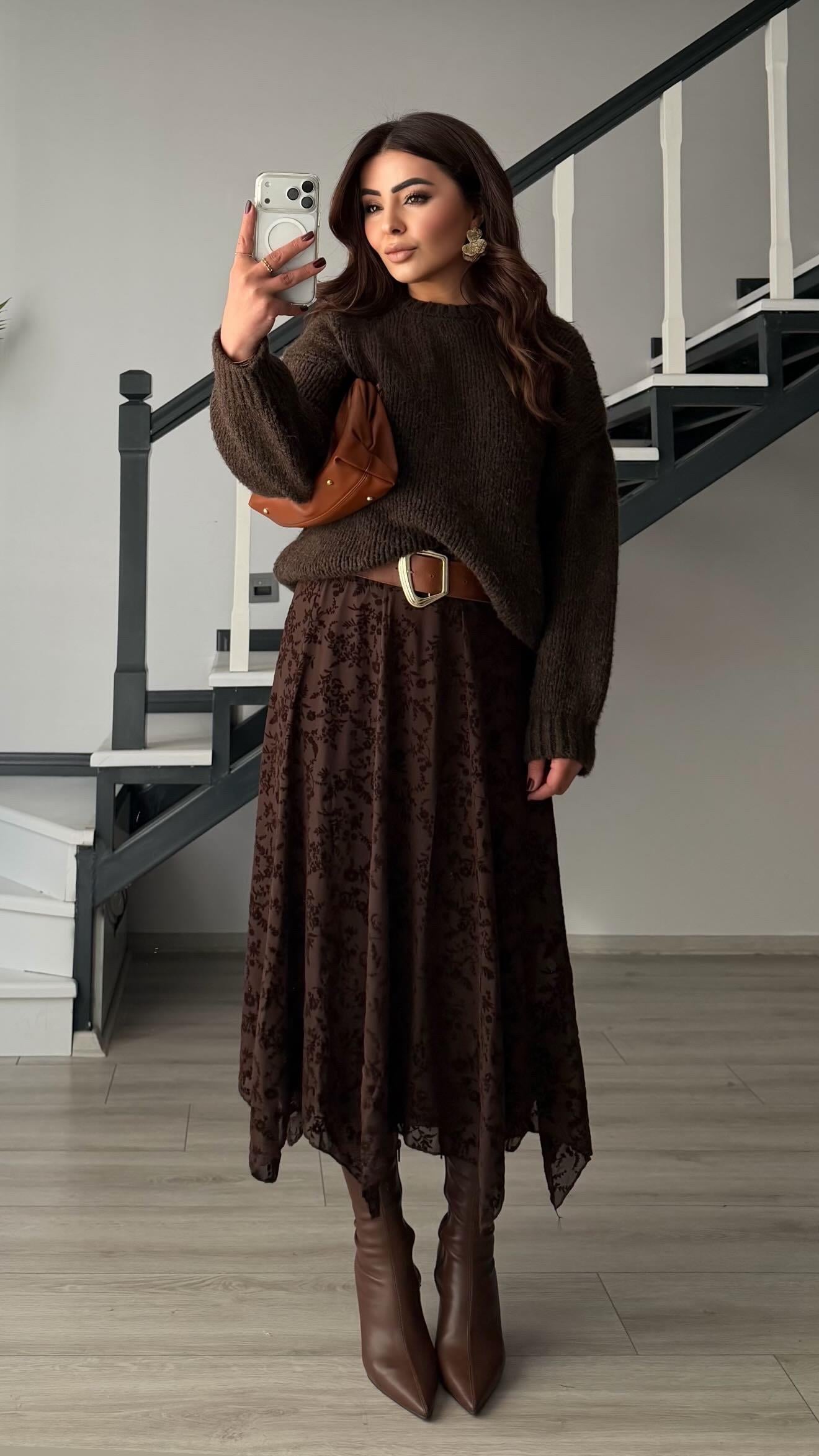 Dark Coffee Embossed Patterned Lined Asymmetrical Skirt
