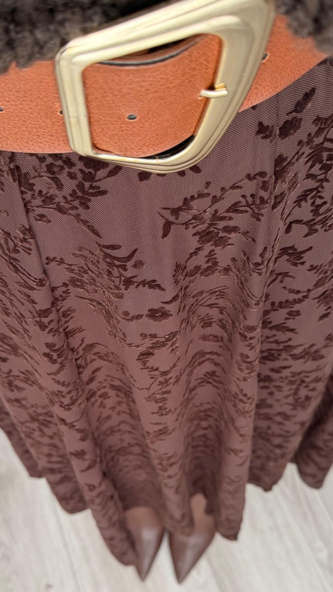 Dark Coffee Embossed Patterned Lined Asymmetrical Skirt