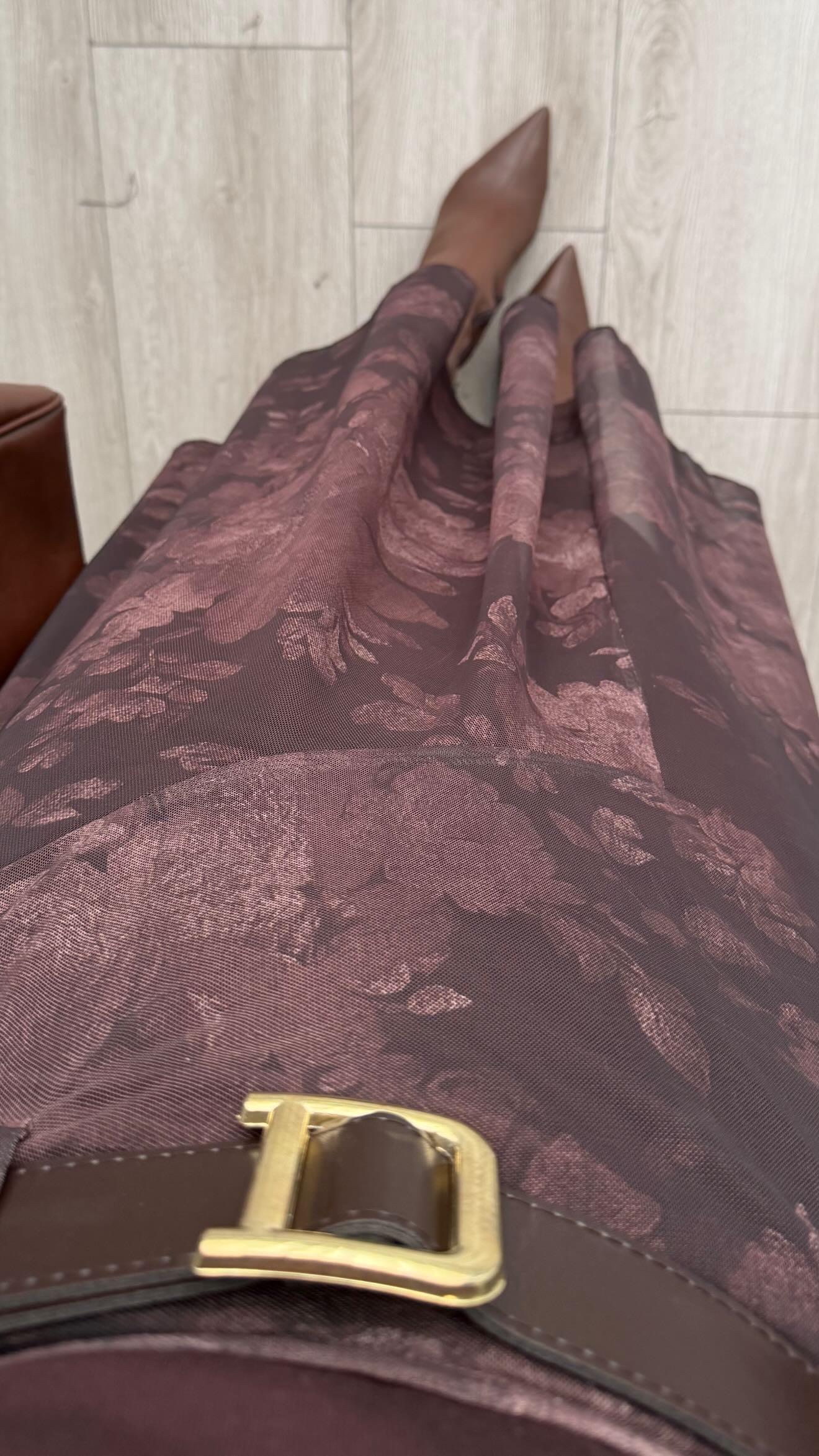 Dark Brown Belted Asymmetrical Tulle Skirt with Floral Motif and Lining