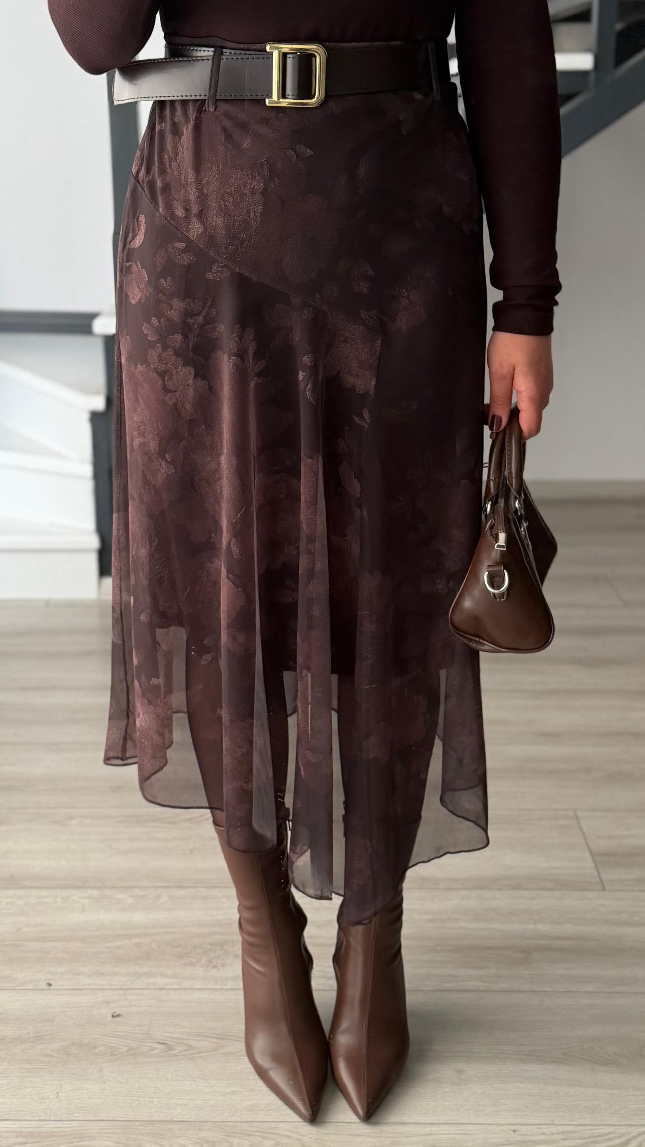 Dark Brown Belted Asymmetrical Tulle Skirt with Floral Motif and Lining