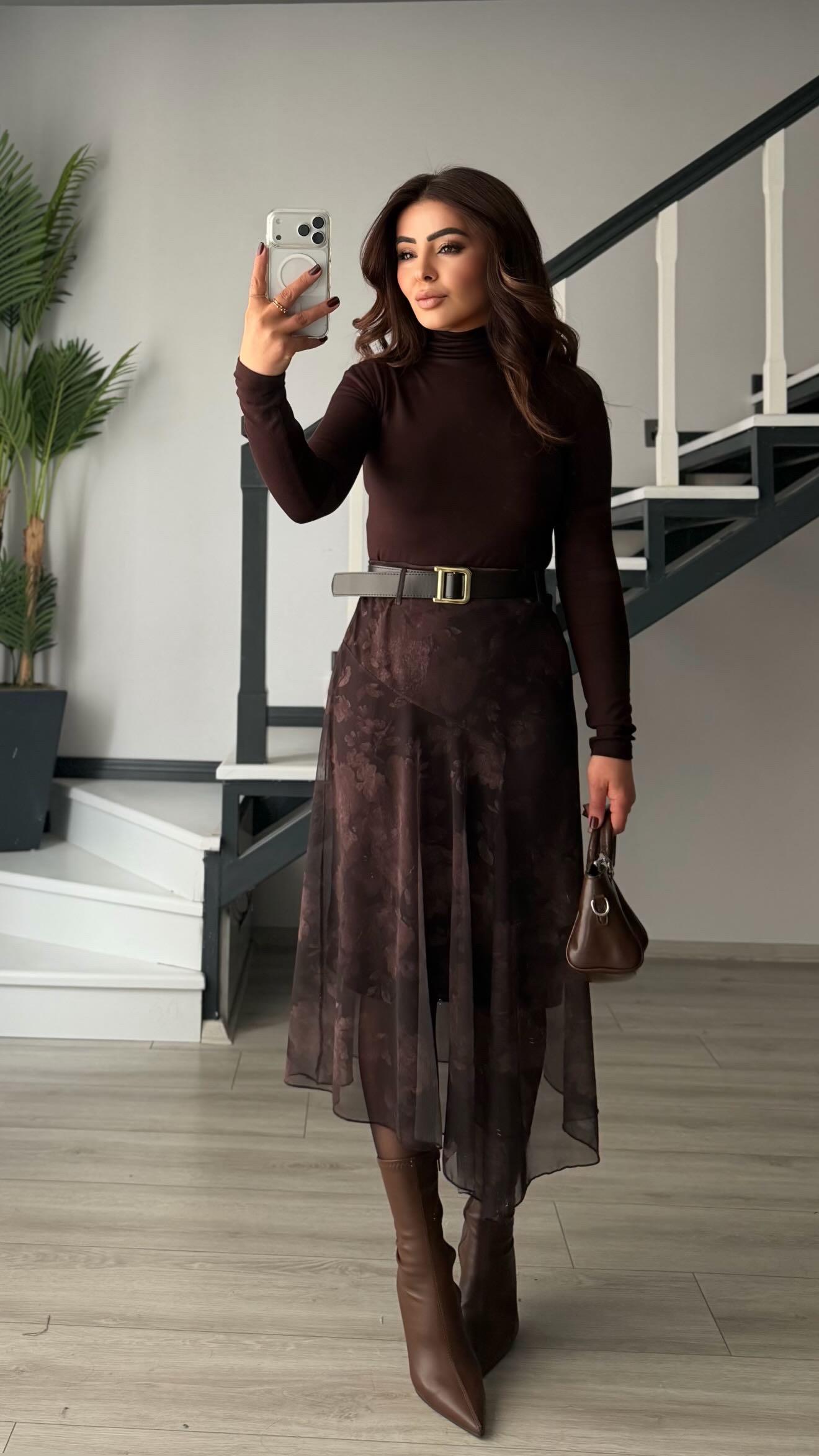 Dark Brown Belted Asymmetrical Tulle Skirt with Floral Motif and Lining