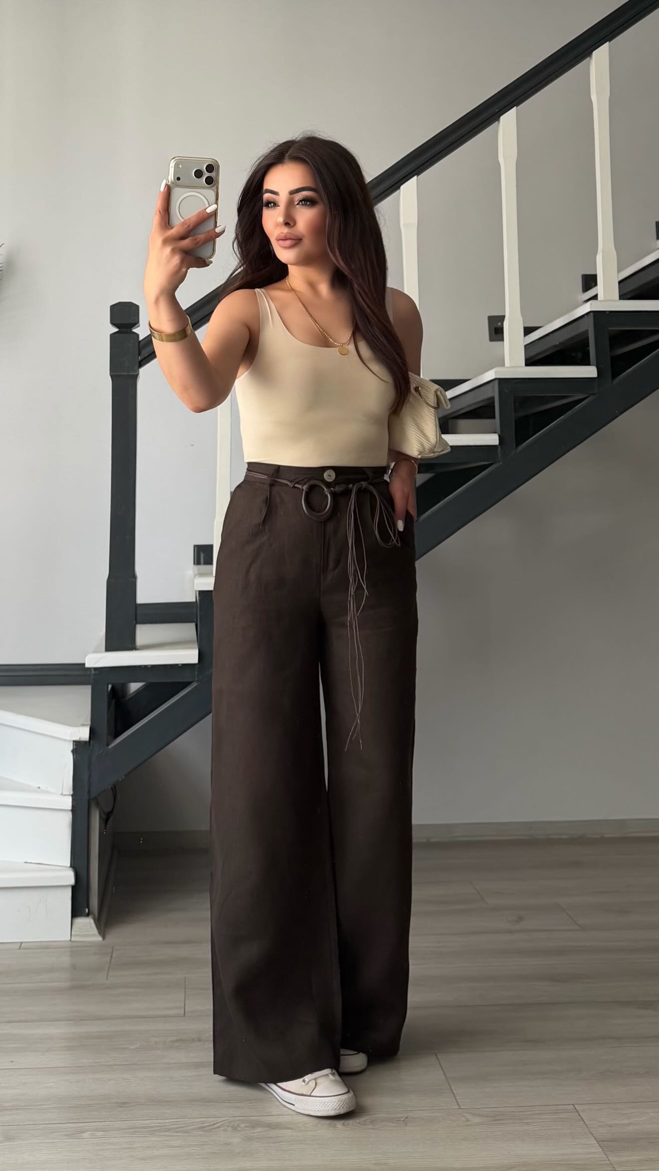 Dark Brown Belted Raw Linen Pants