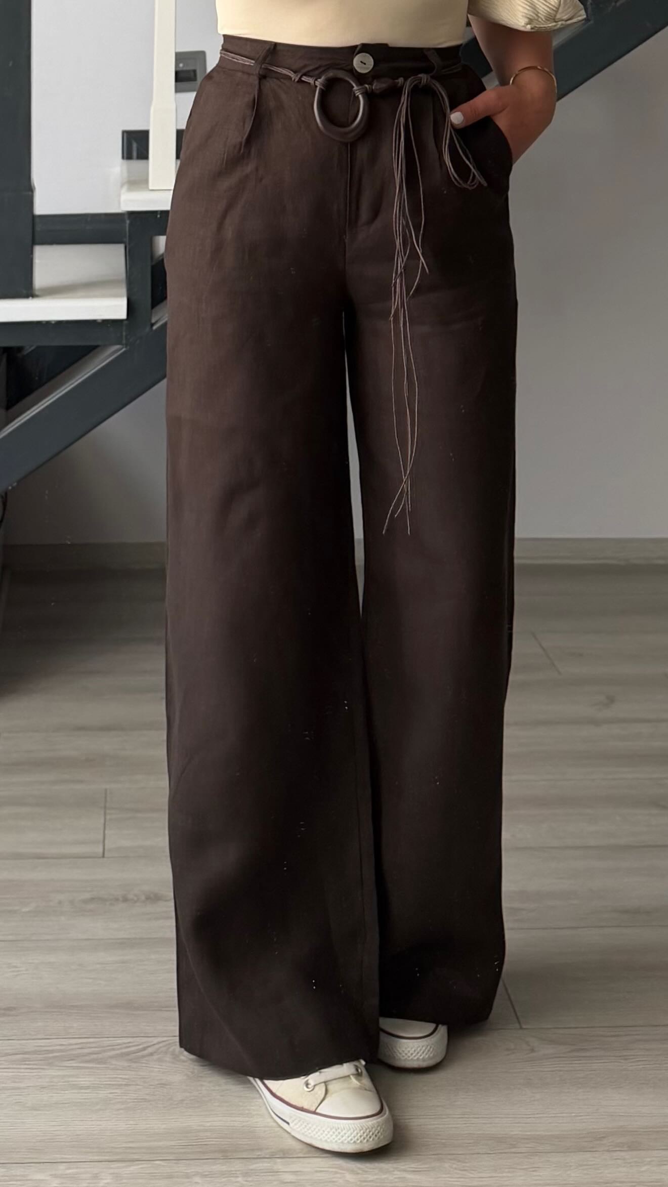 Dark Brown Belted Raw Linen Pants