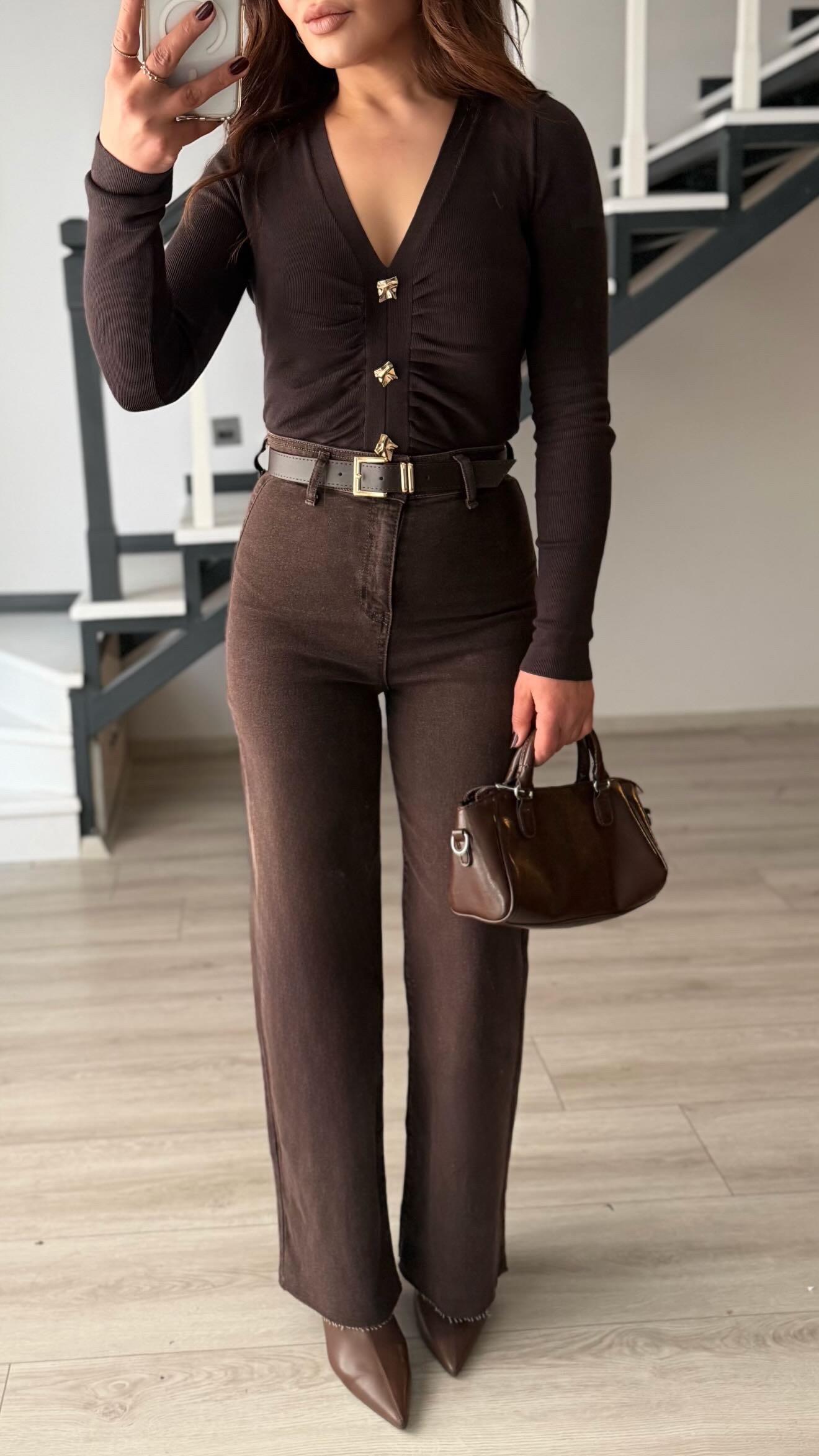Dark Brown Belted Lycra Straight Jeans