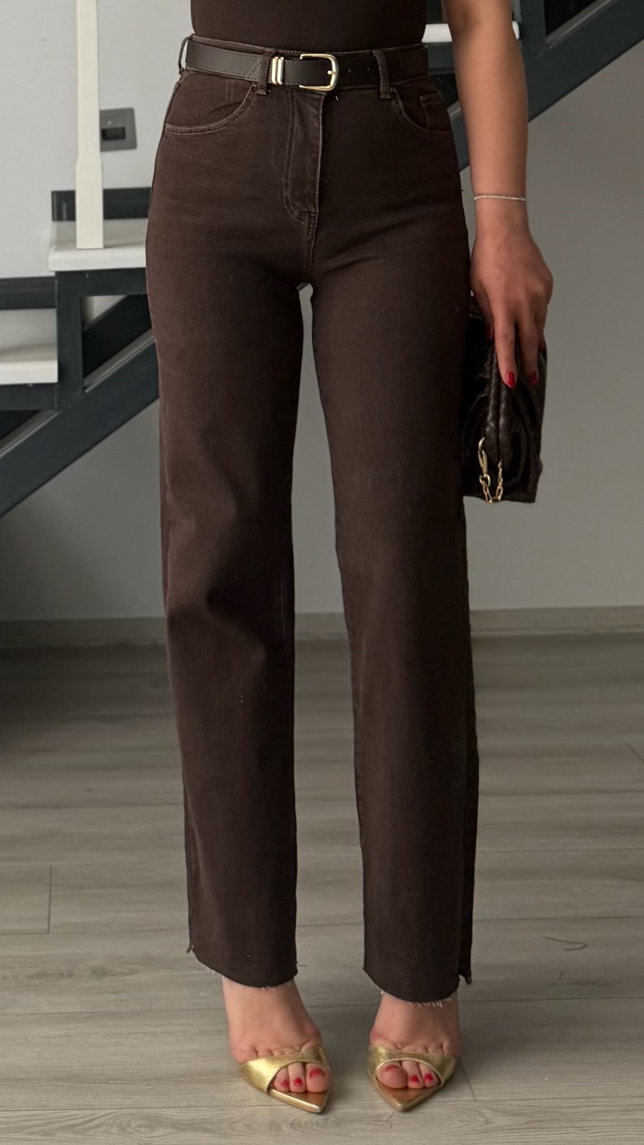 Dark Brown Straight Leg Lycra Jeans with Belt