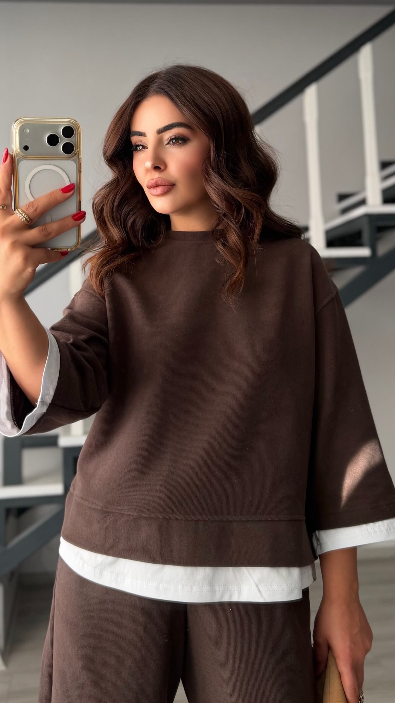 Dark Brown Contrast T-Shirt Detailed Knit Set