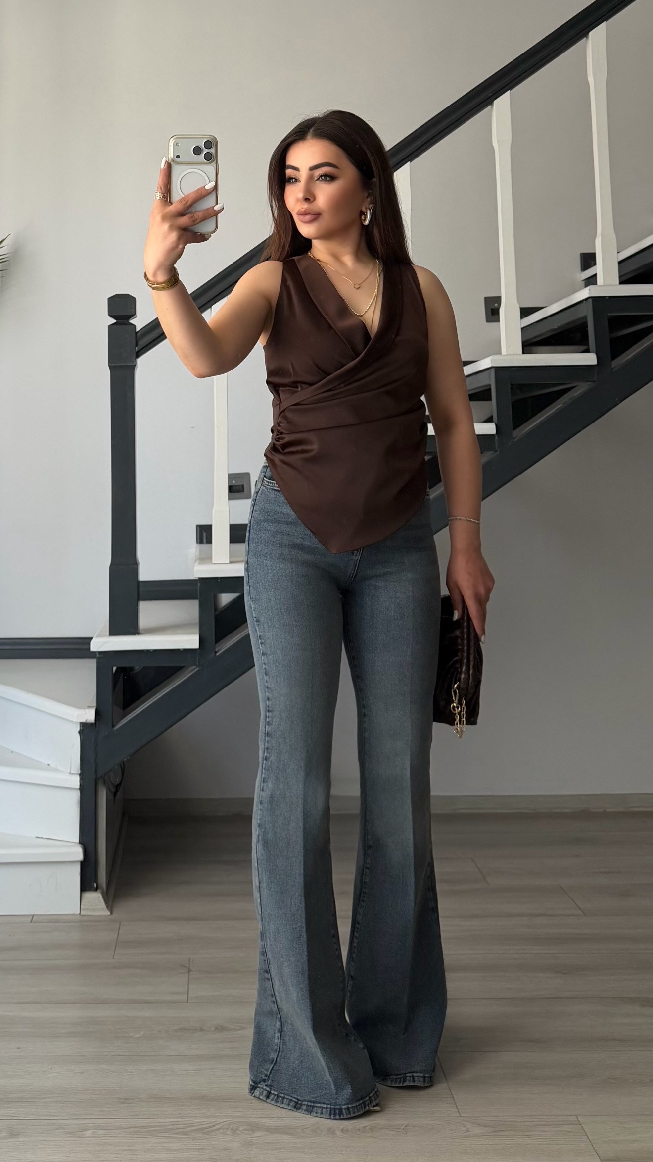 Bitter Brown Double-Breasted Asymmetric Satin Blouse