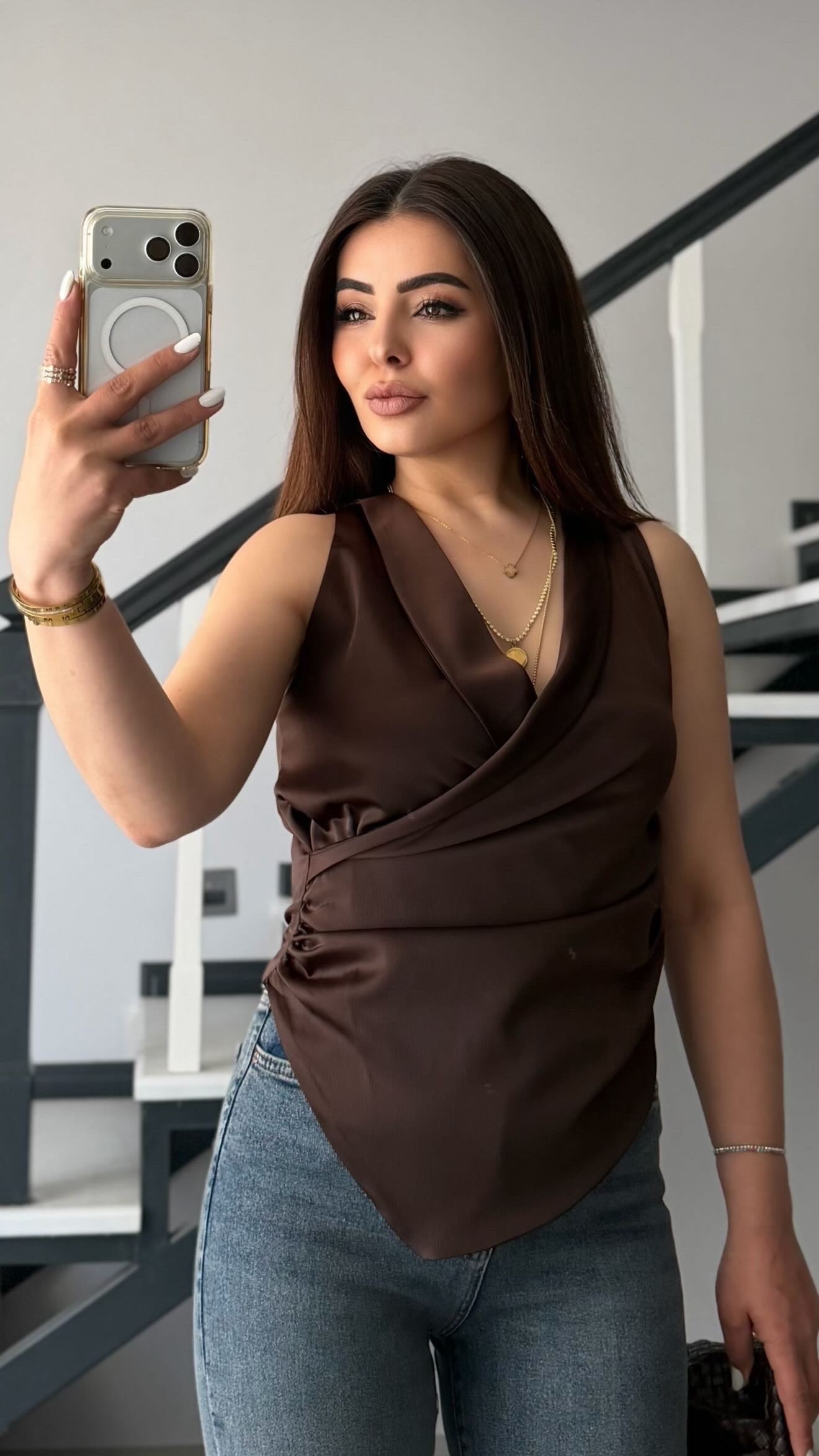 Bitter Brown Double-Breasted Asymmetric Satin Blouse