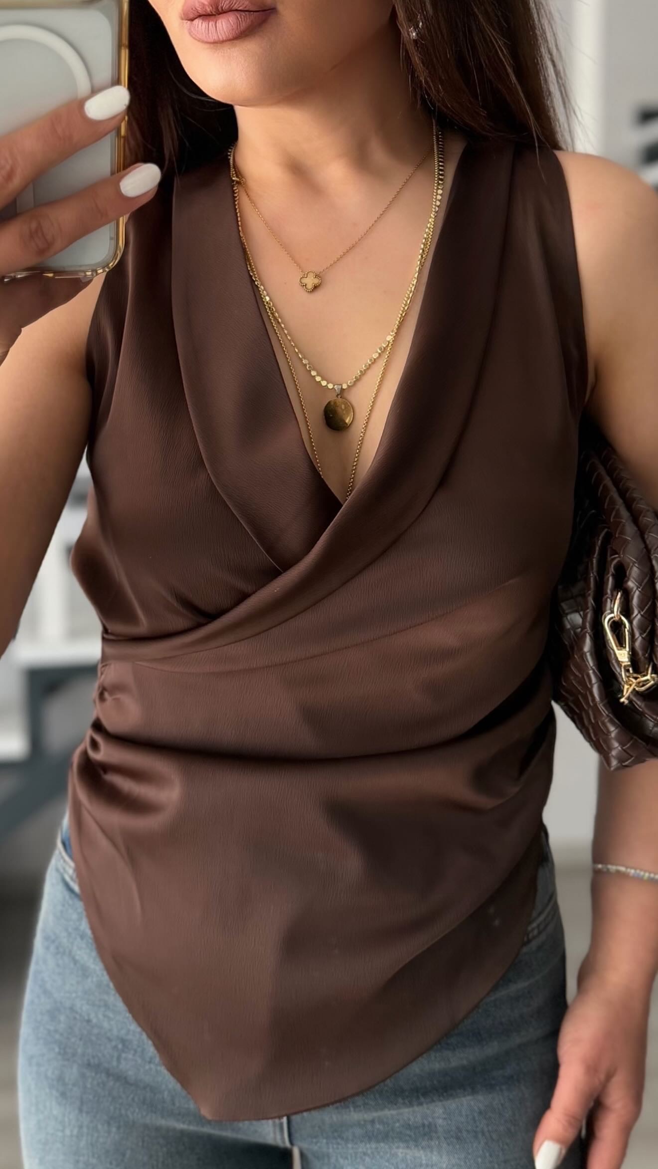 Bitter Brown Double-Breasted Asymmetric Satin Blouse