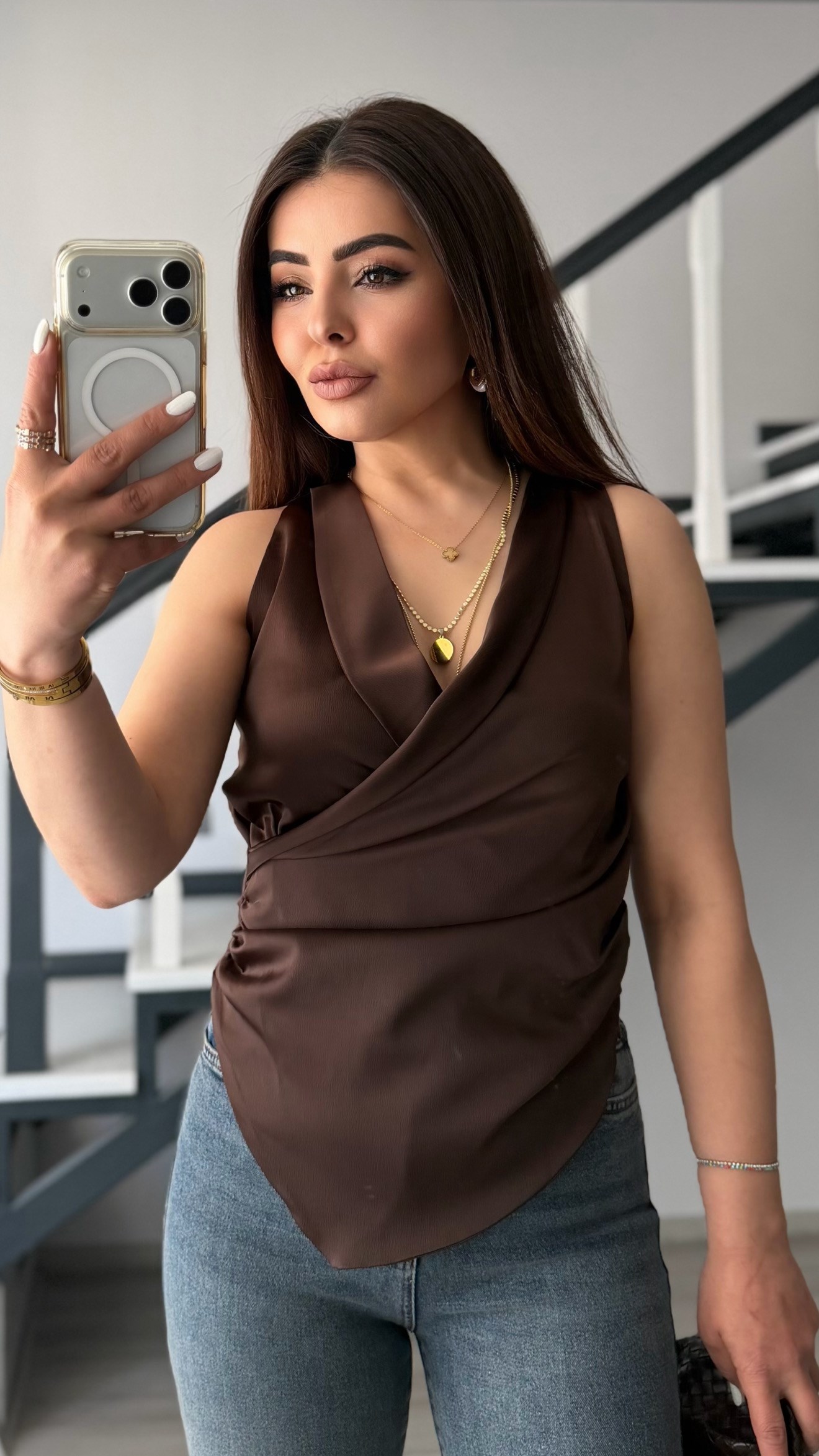 Bitter Brown Double-Breasted Asymmetric Satin Blouse