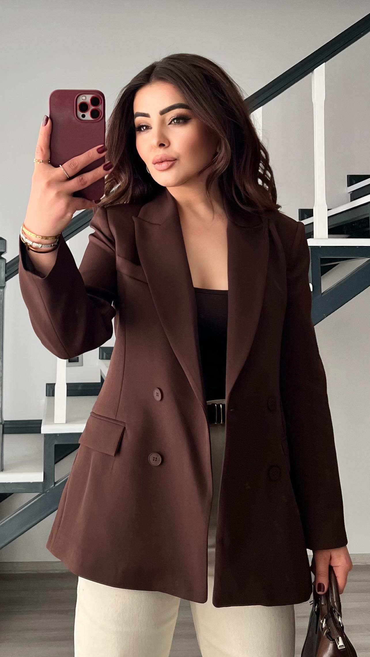 Dark Brown Double-Breasted Blazer Jacket