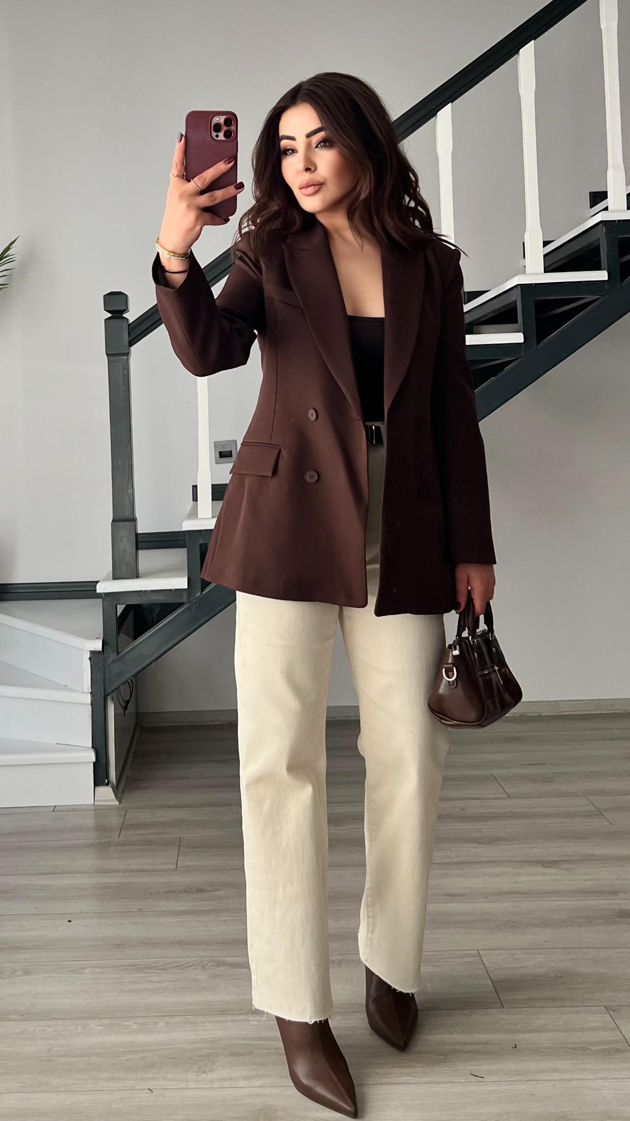 Dark Brown Double-Breasted Blazer Jacket