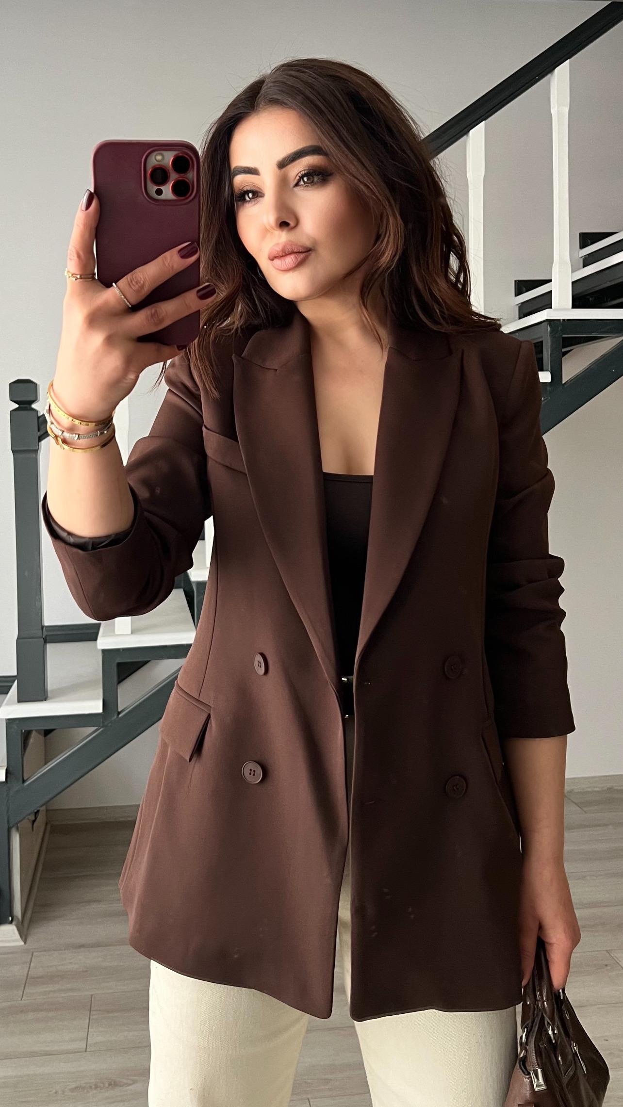 Dark Brown Double-Breasted Blazer Jacket