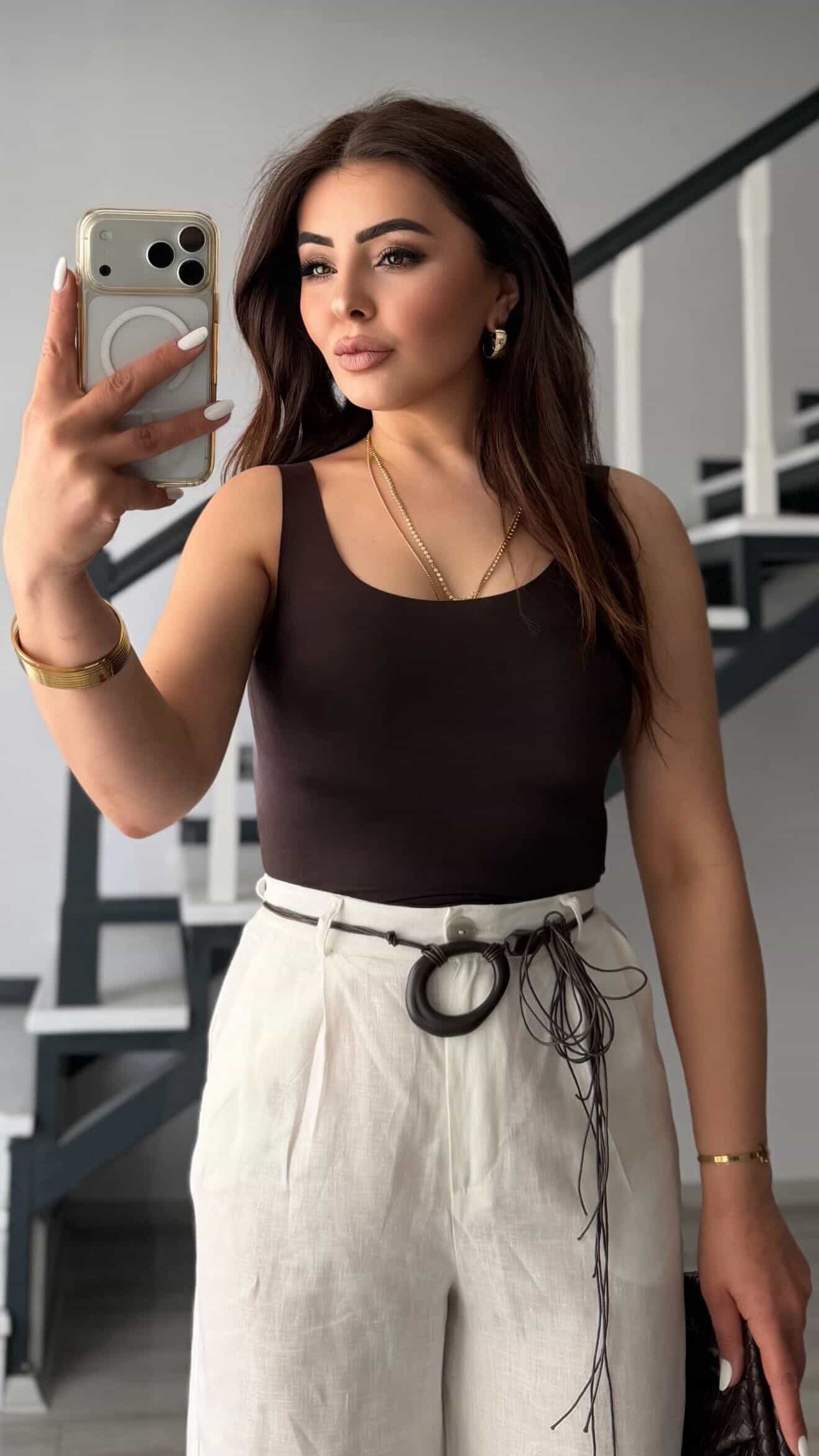 Dark Brown Laser-Cut Cotton Tank Top