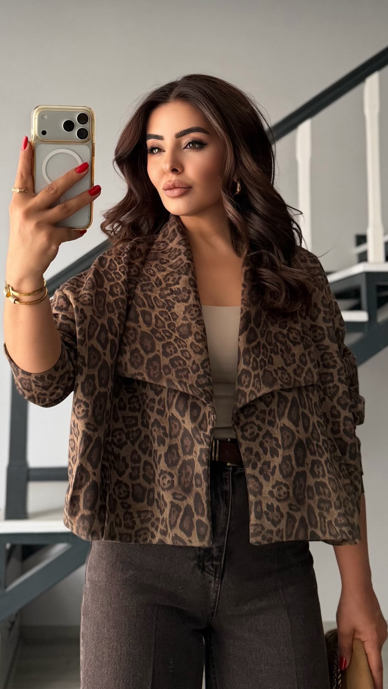 Dark Brown Leopard Print Shawl Collar Jacket