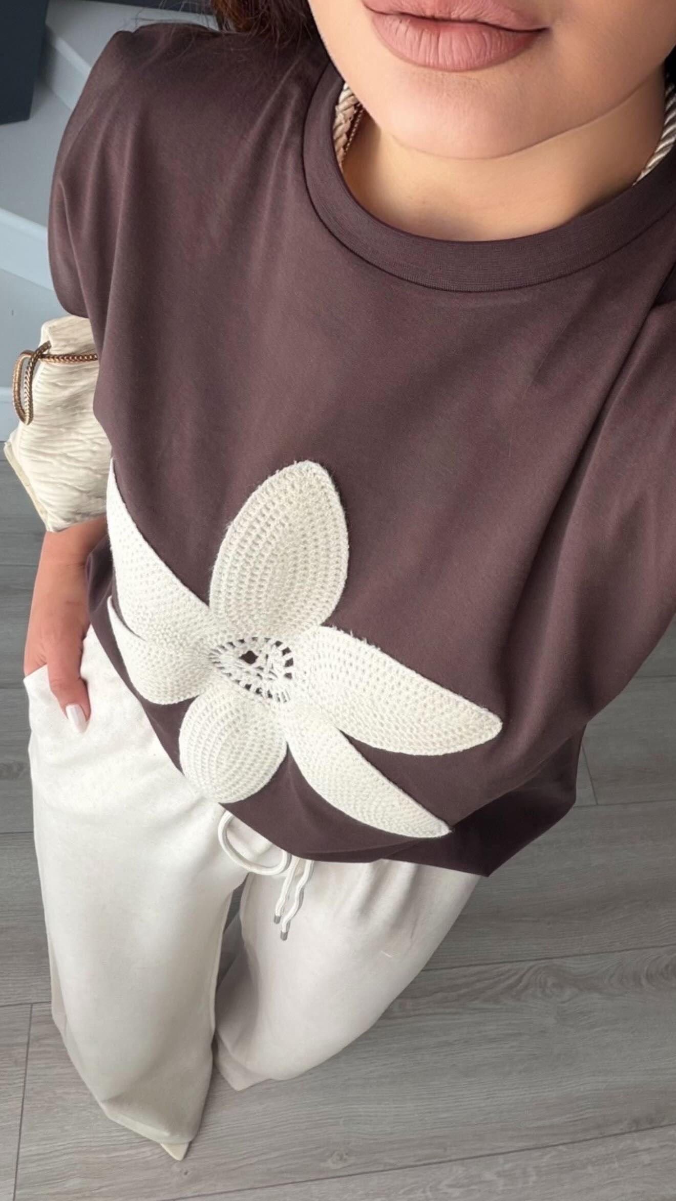 Dark Brown Patterned Padded Shoulder T-Shirt