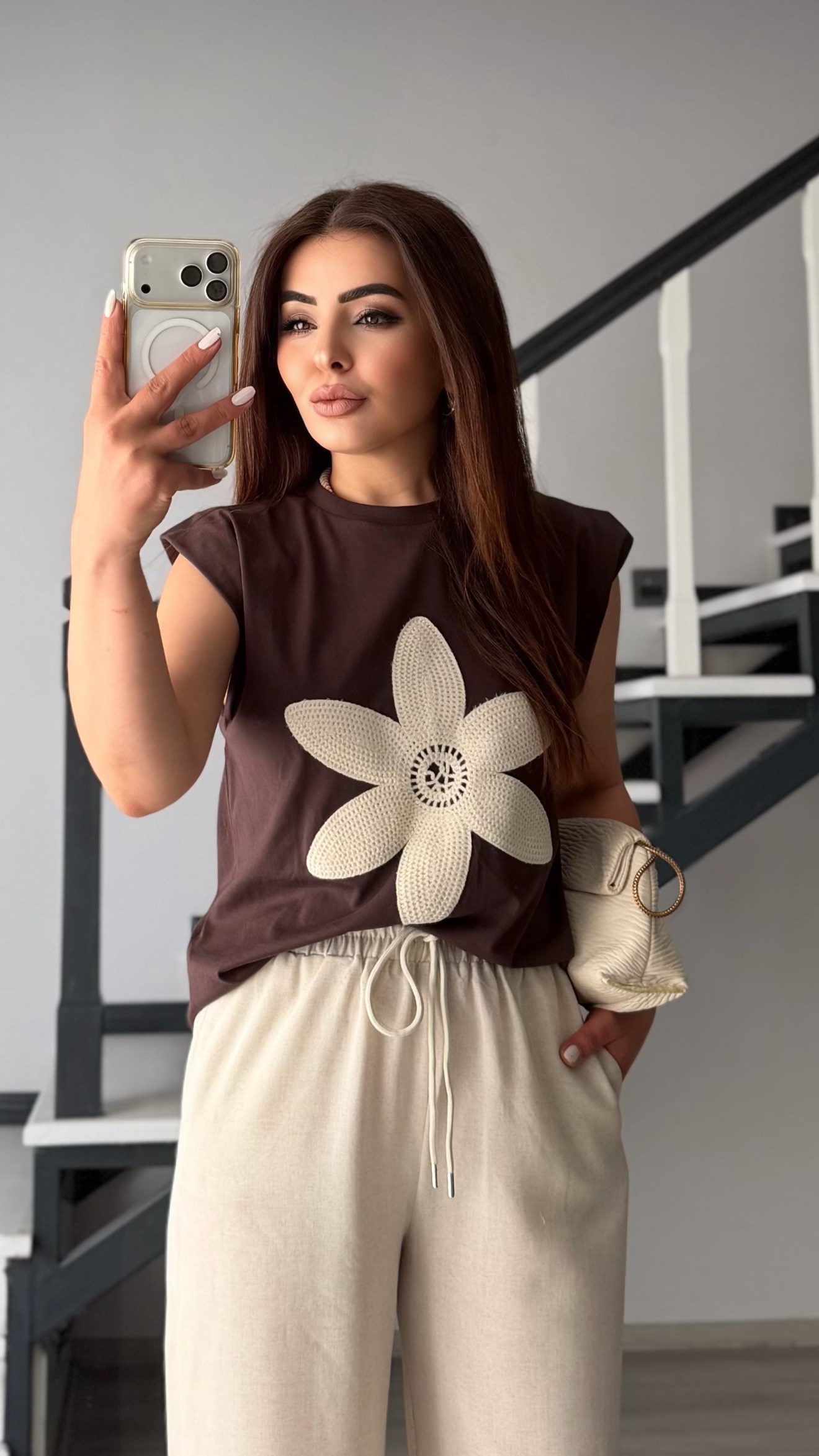 Dark Brown Patterned Padded Shoulder T-Shirt