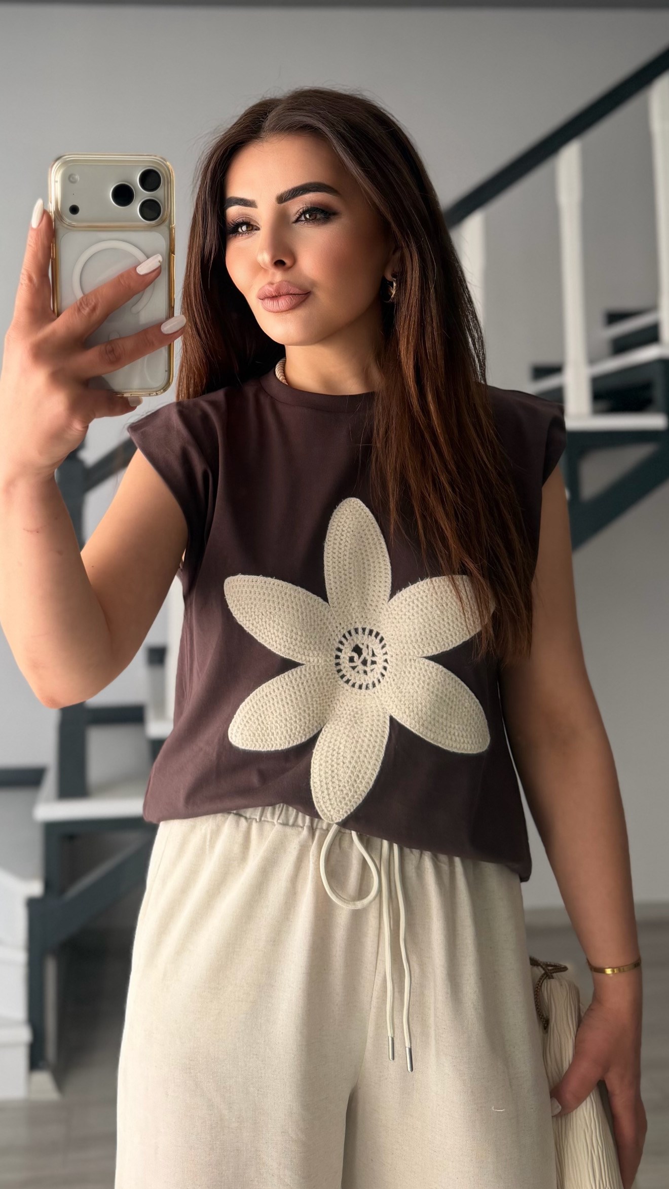Dark Brown Patterned Padded Shoulder T-Shirt