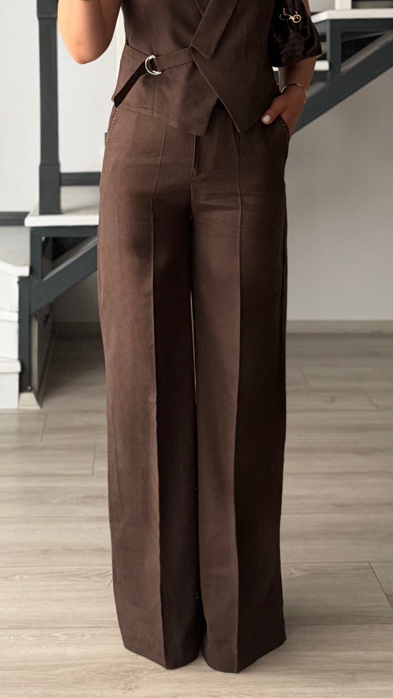 Dark Brown Cotton Linen Pants and Vest Set with Shirt Details