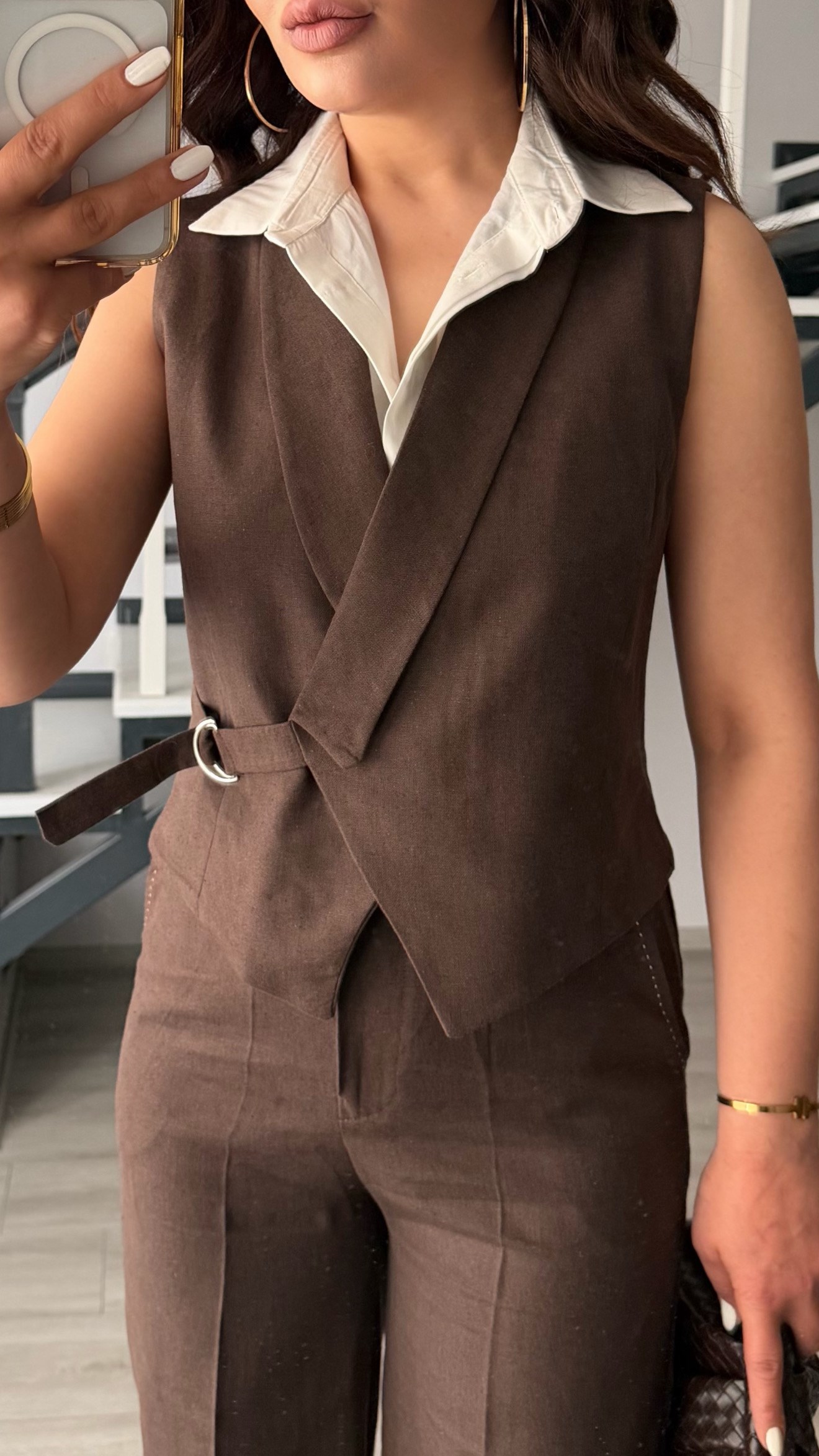 Dark Brown Cotton Linen Pants and Vest Set with Shirt Details
