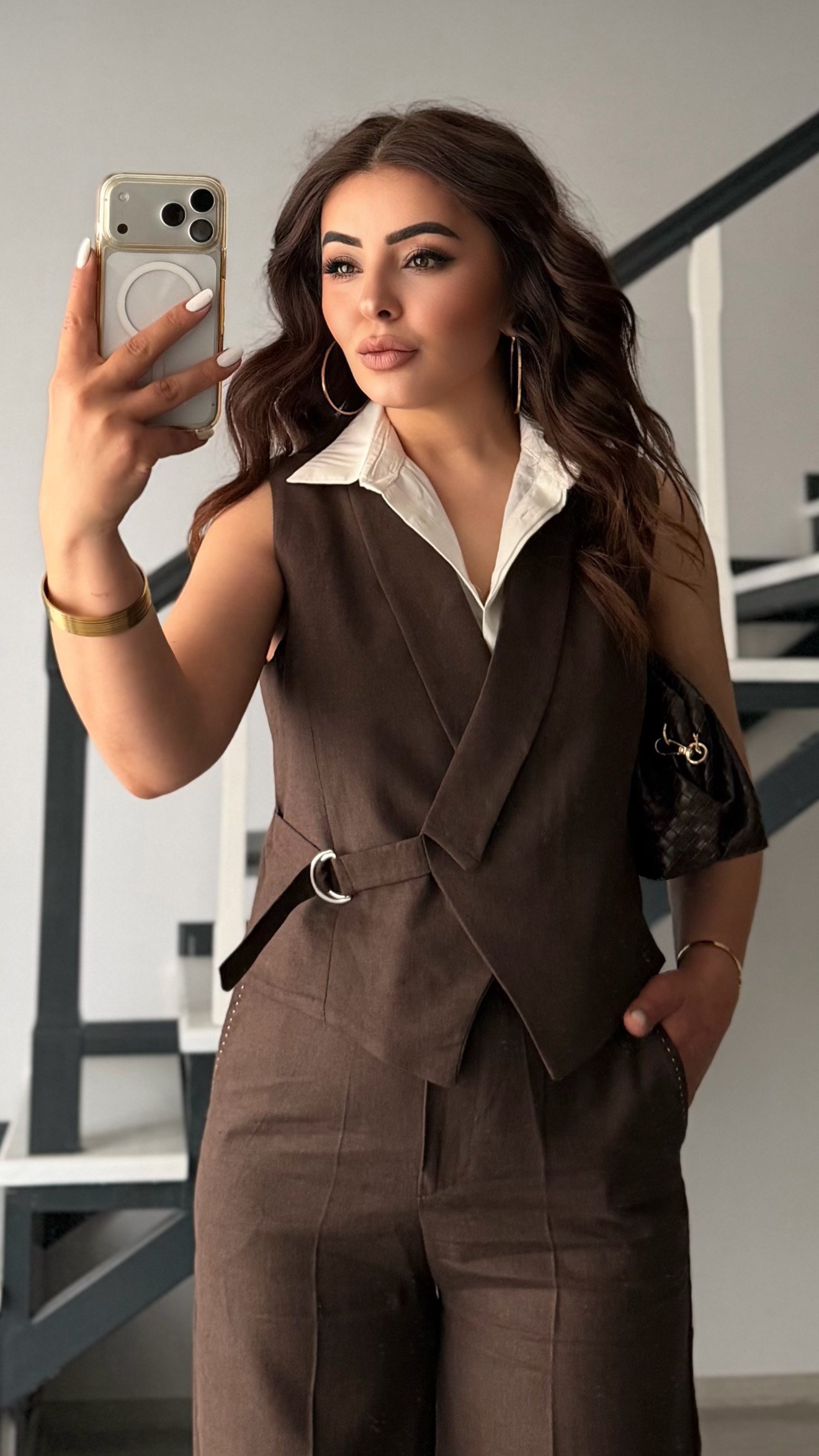Dark Brown Cotton Linen Pants and Vest Set with Shirt Details