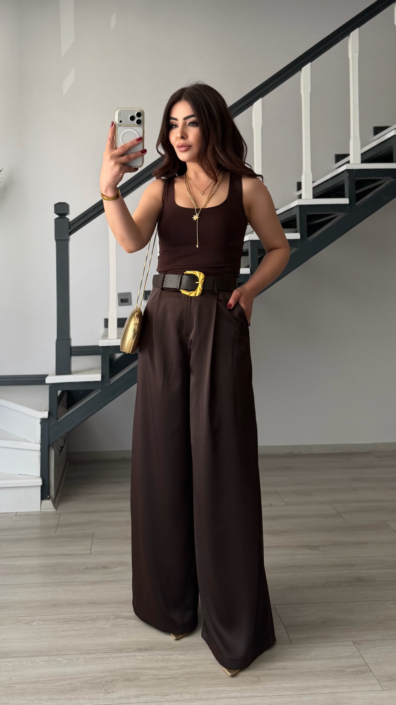 Acı Kahve Premium Kemerli Saten Pantolon