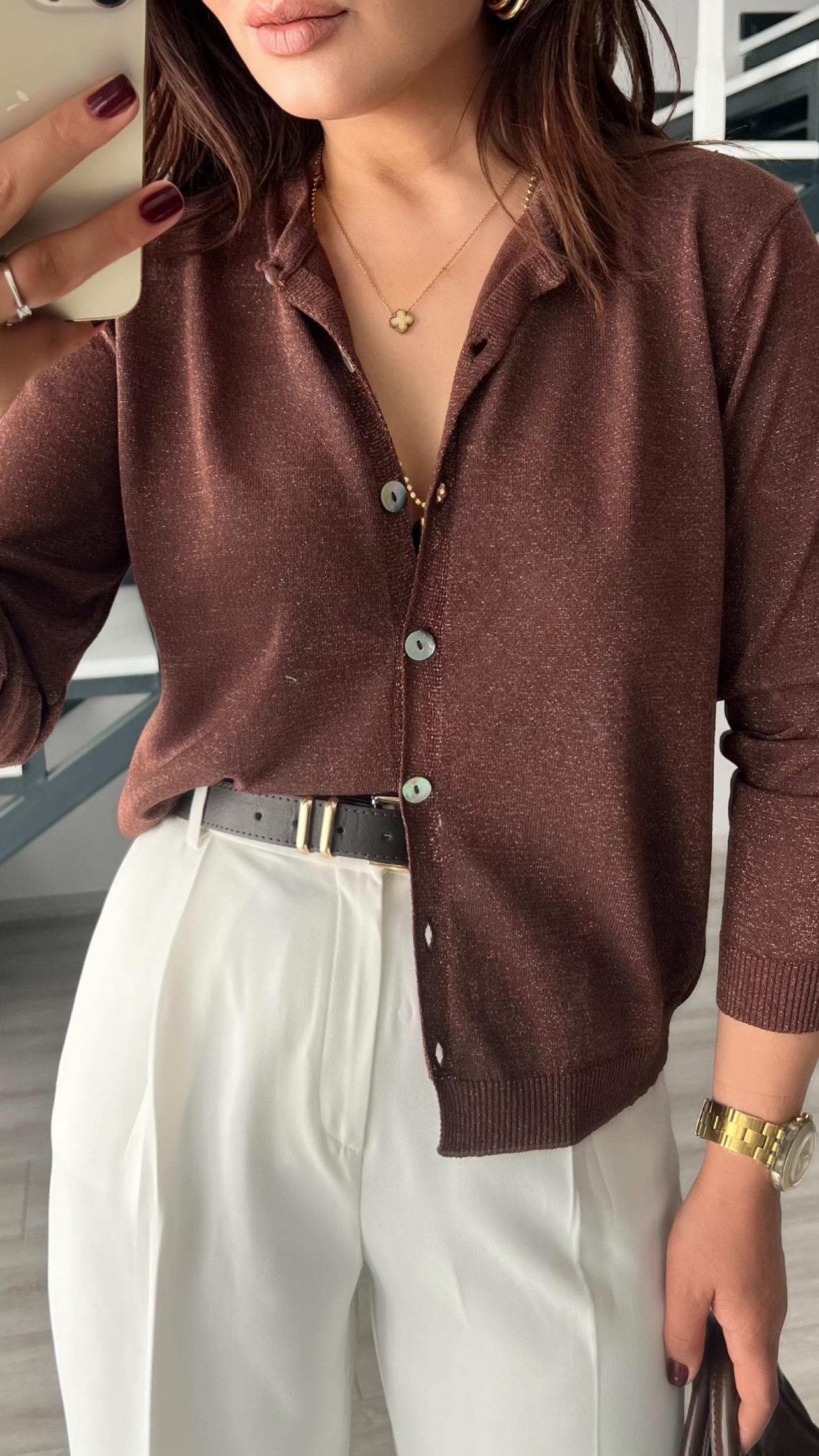 Dark Brown Glittery Knit Cardigan