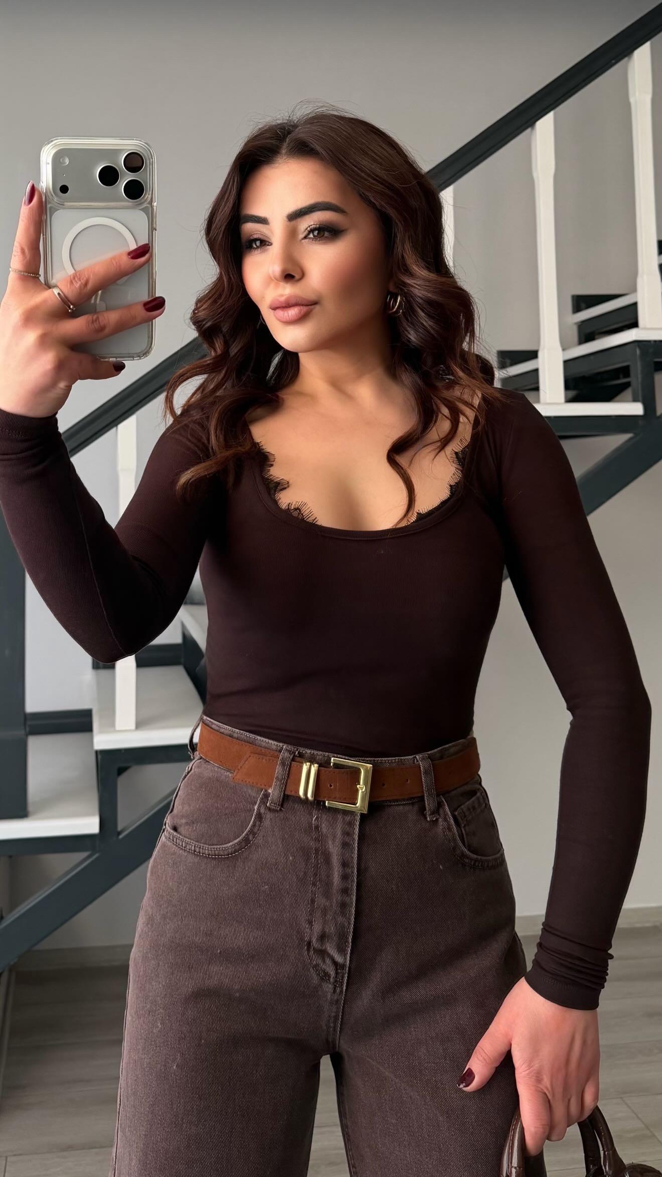 Dark Coffee Round Lace Neck Blouse