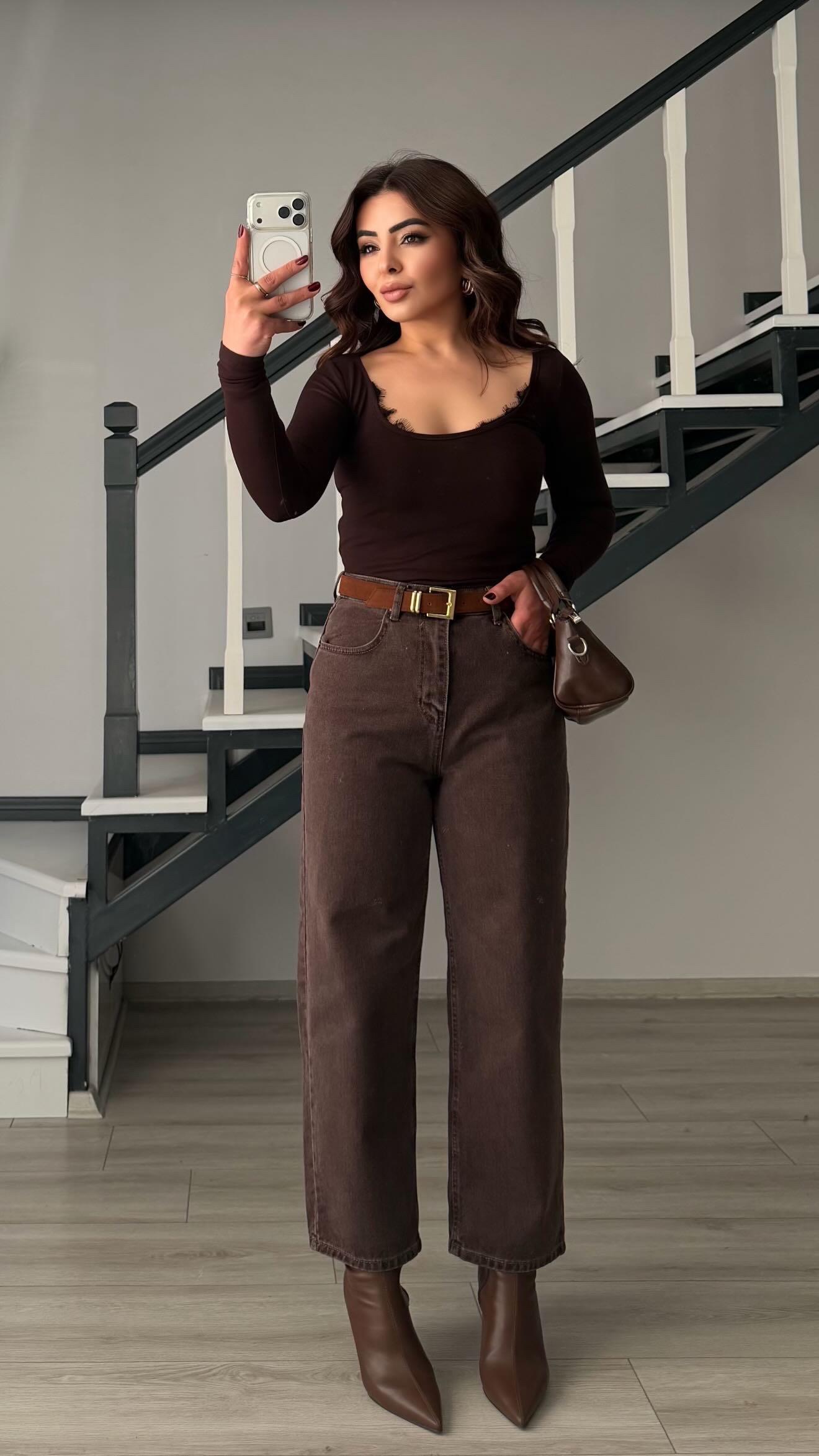 Dark Coffee Round Lace Neck Blouse