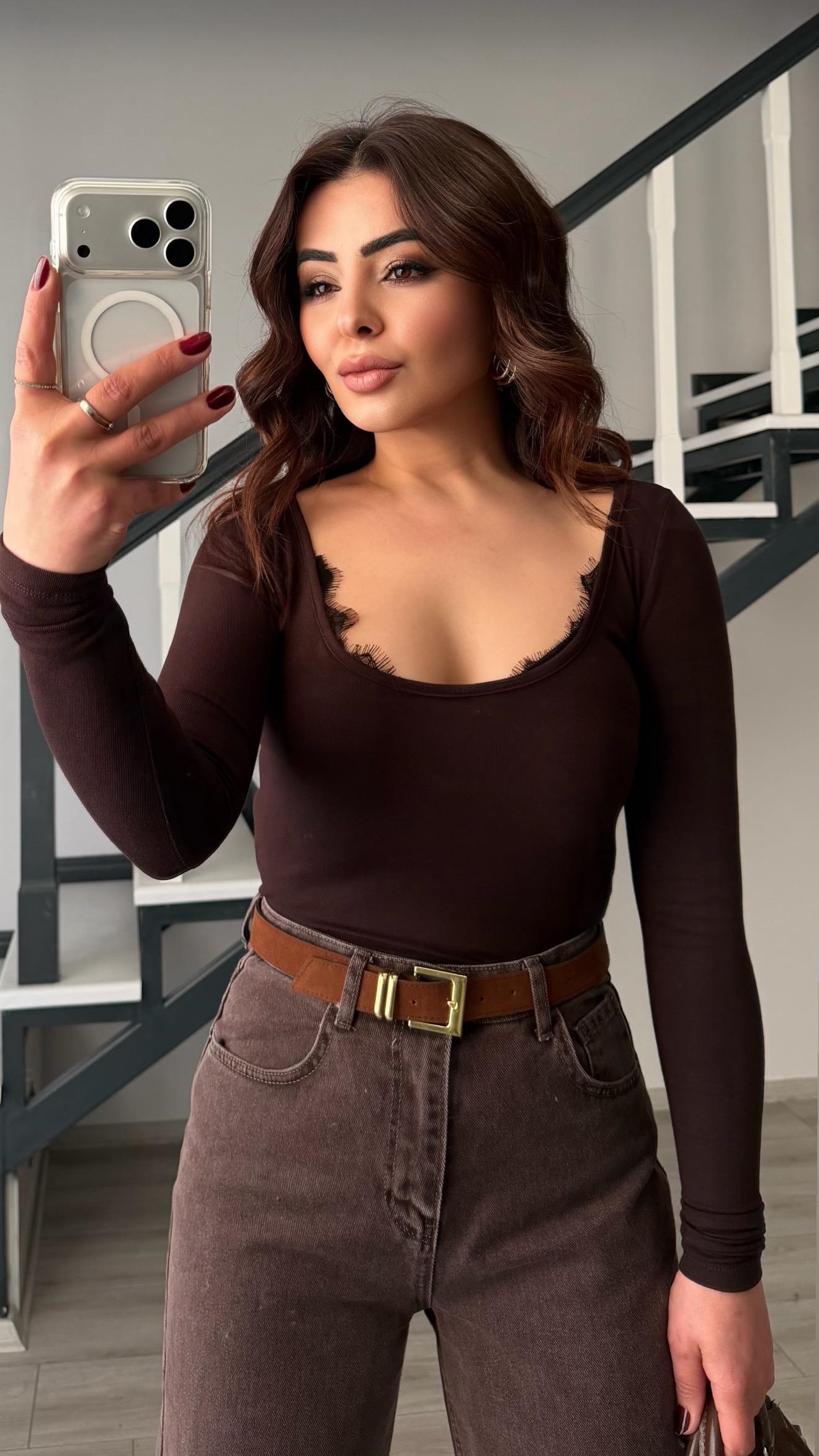 Dark Coffee Round Lace Neck Blouse