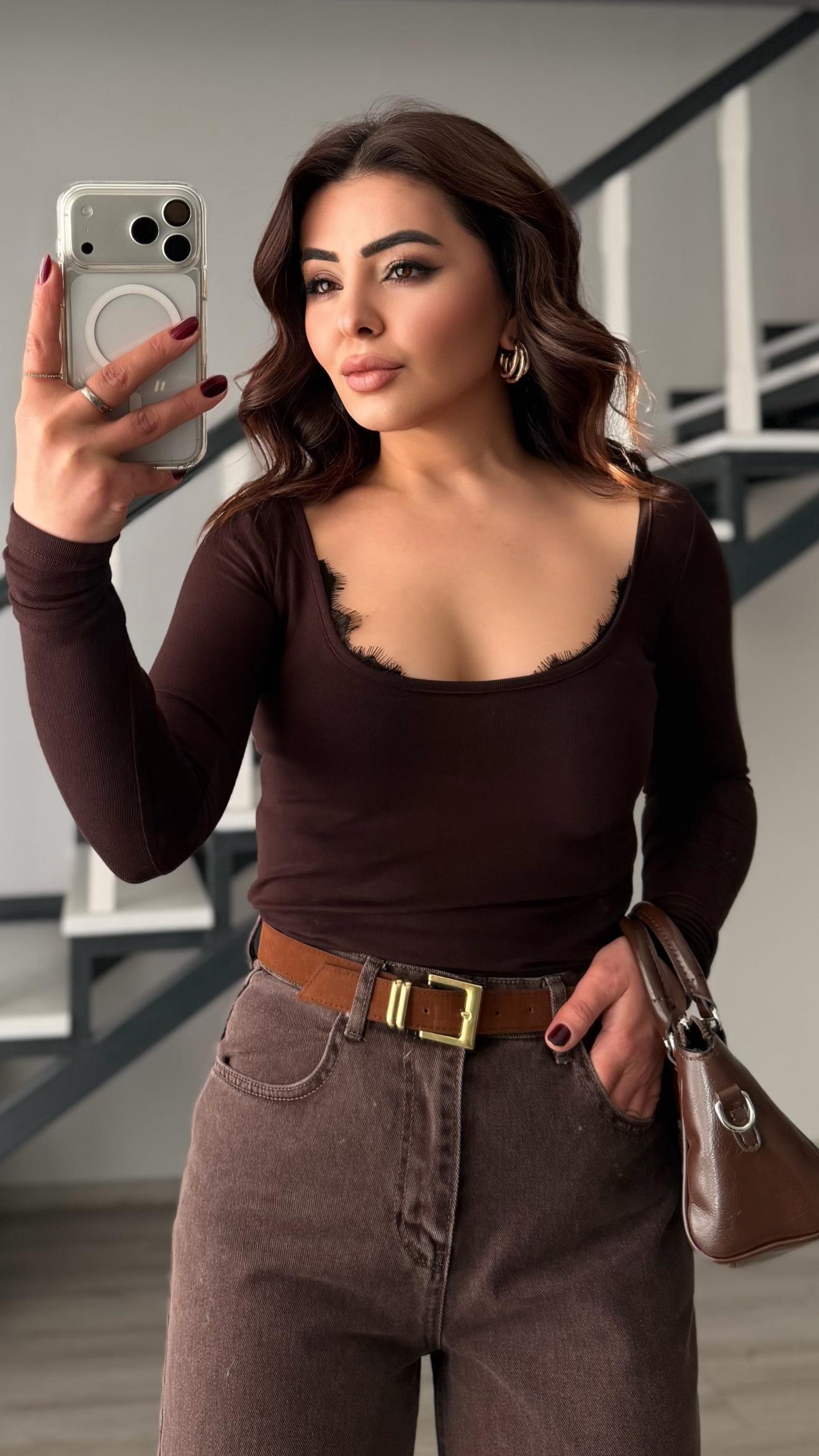 Dark Coffee Round Lace Neck Blouse