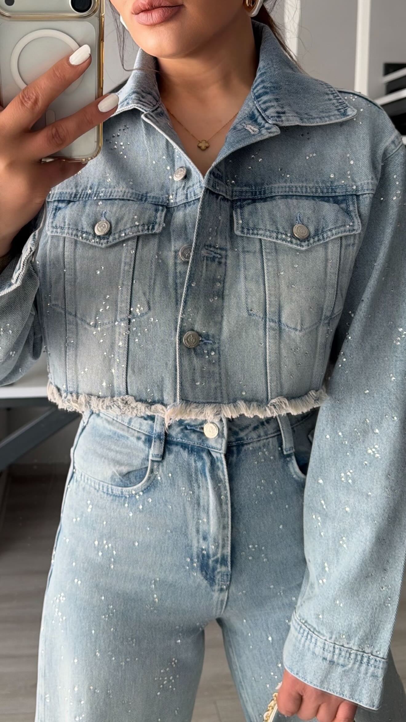 Açık Mavi Taşlı Crop Denim Ceket