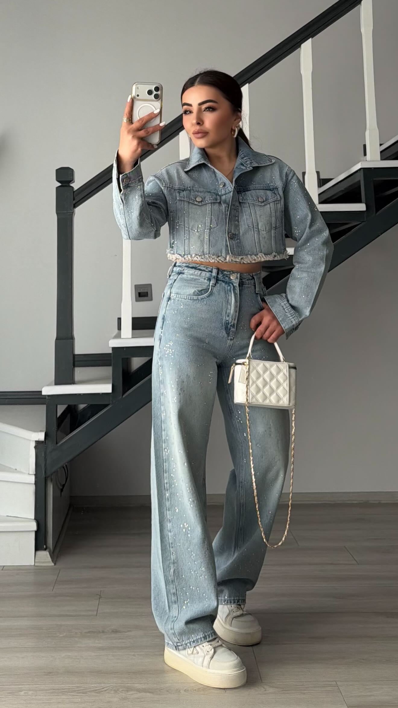 Açık Mavi Taşlı Wide Leg Jean