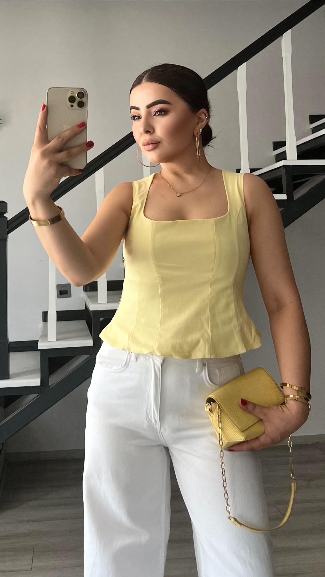 Açık Sarı Peplum Korse Bluz