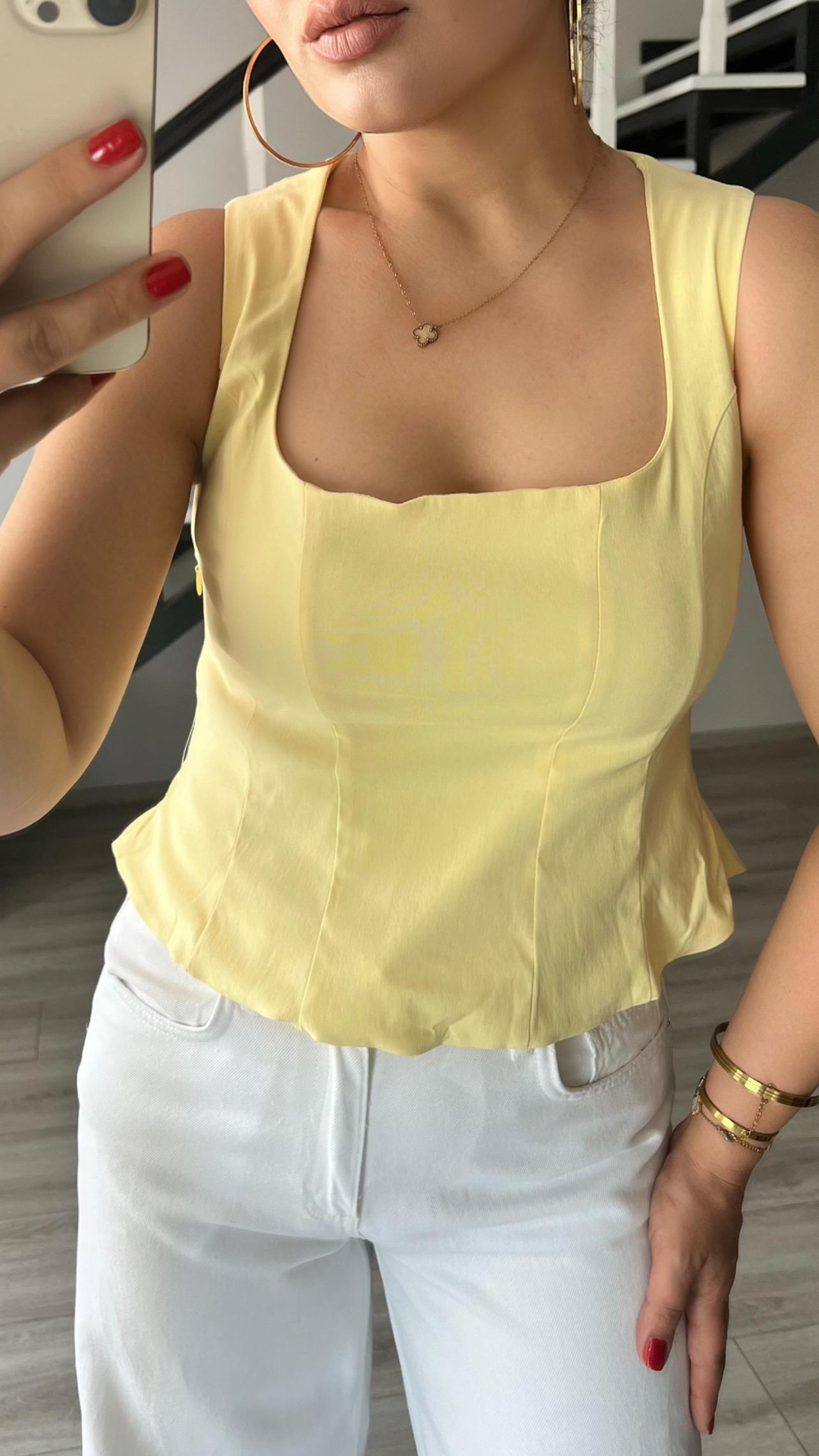 Açık Sarı Peplum Korse Bluz