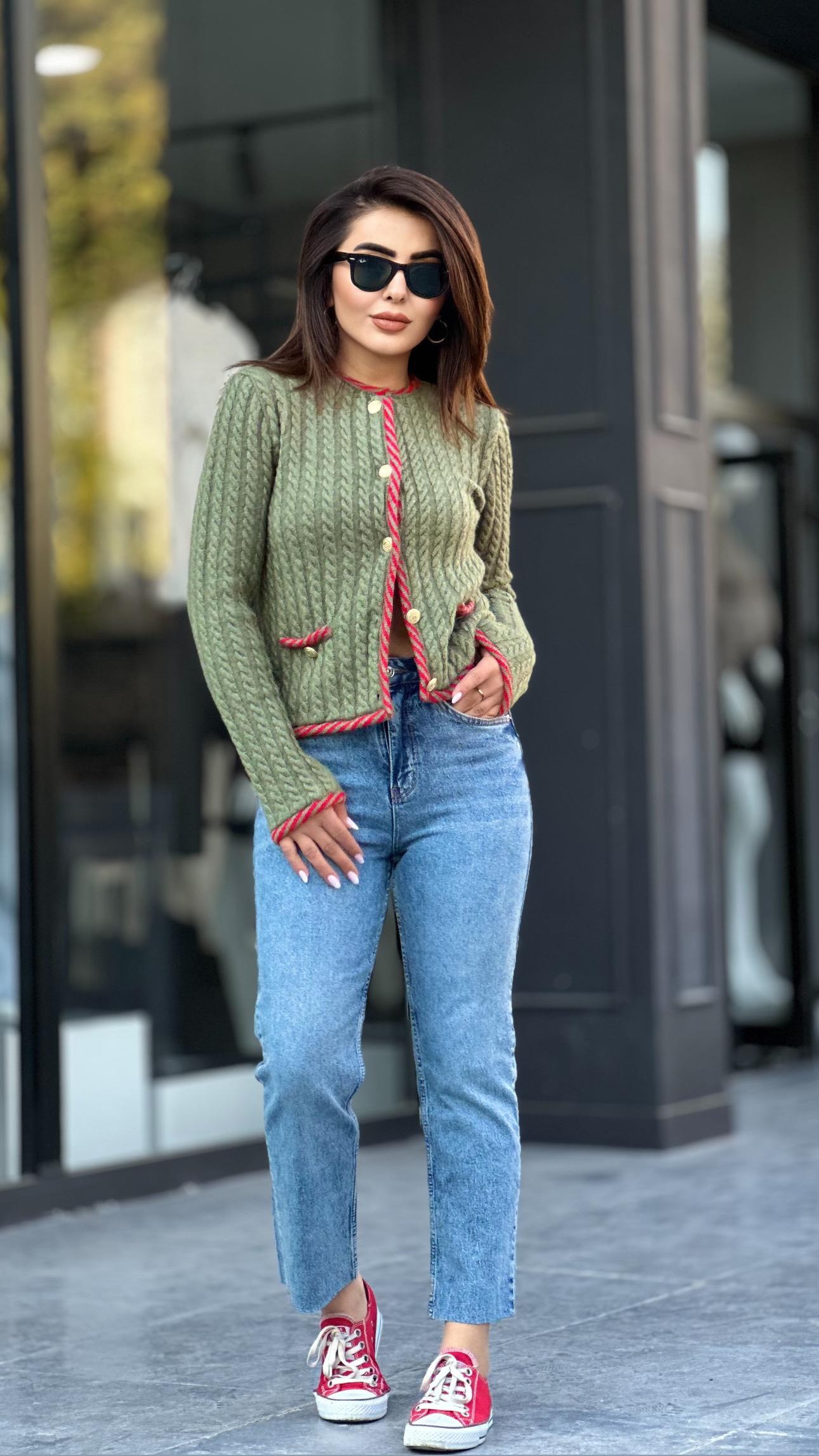 Light Green Gold Button Braided Cardigan