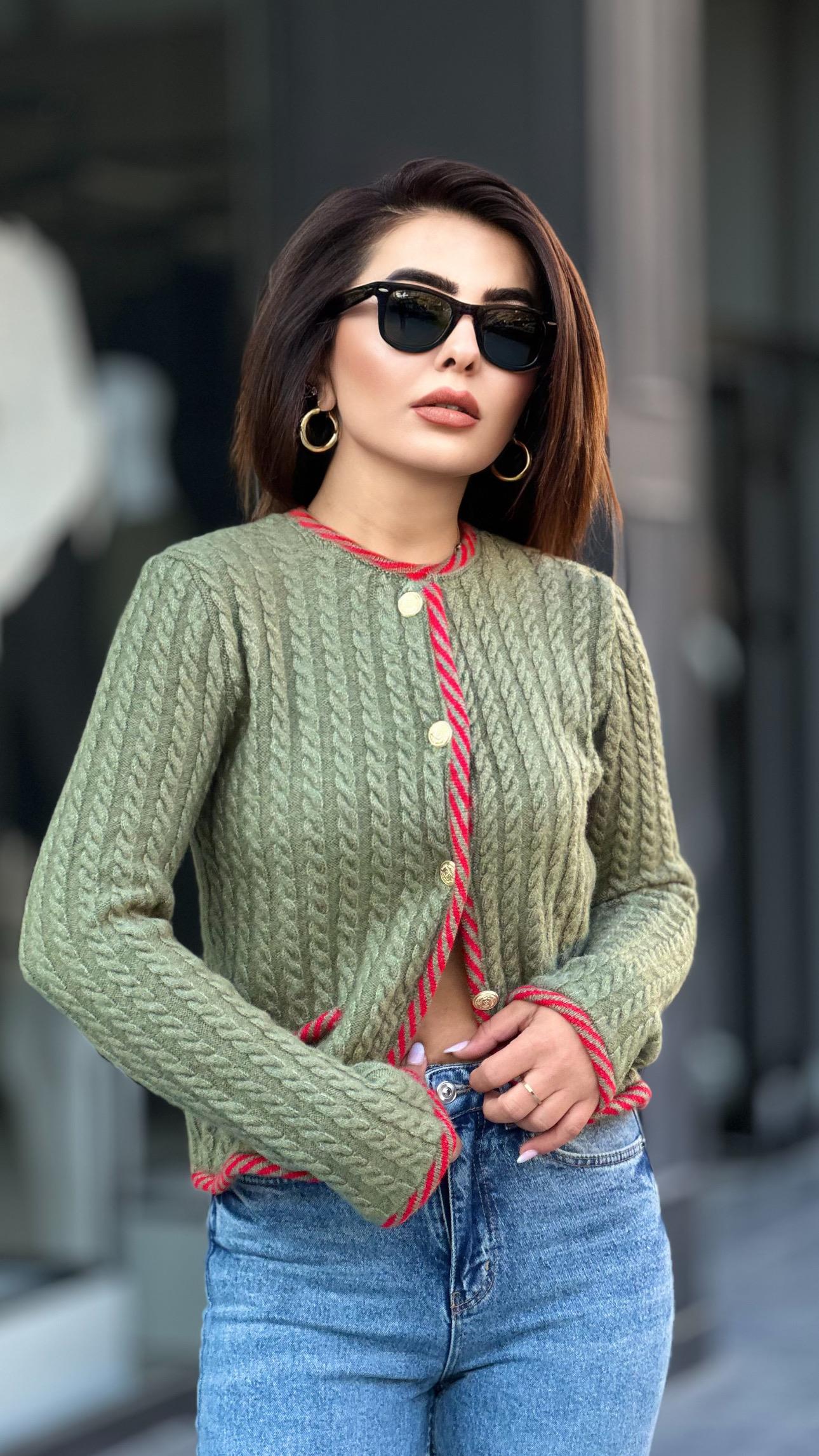 Light Green Gold Button Braided Cardigan