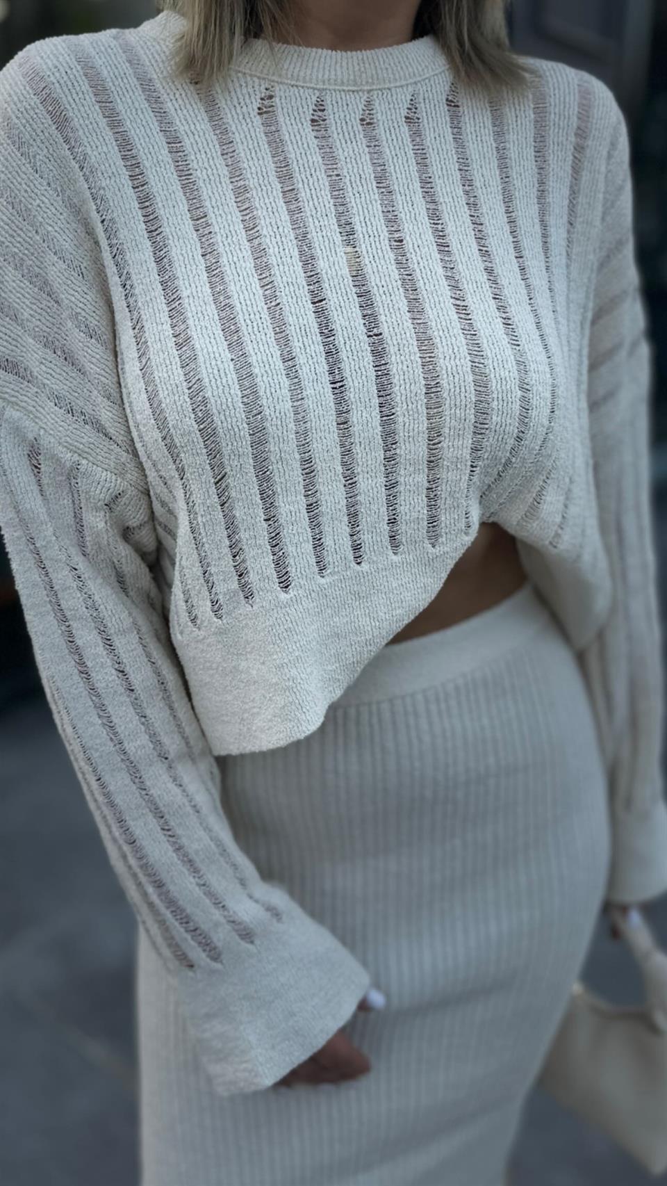 Openwork Sweater, Slit Skirt, Knit Set