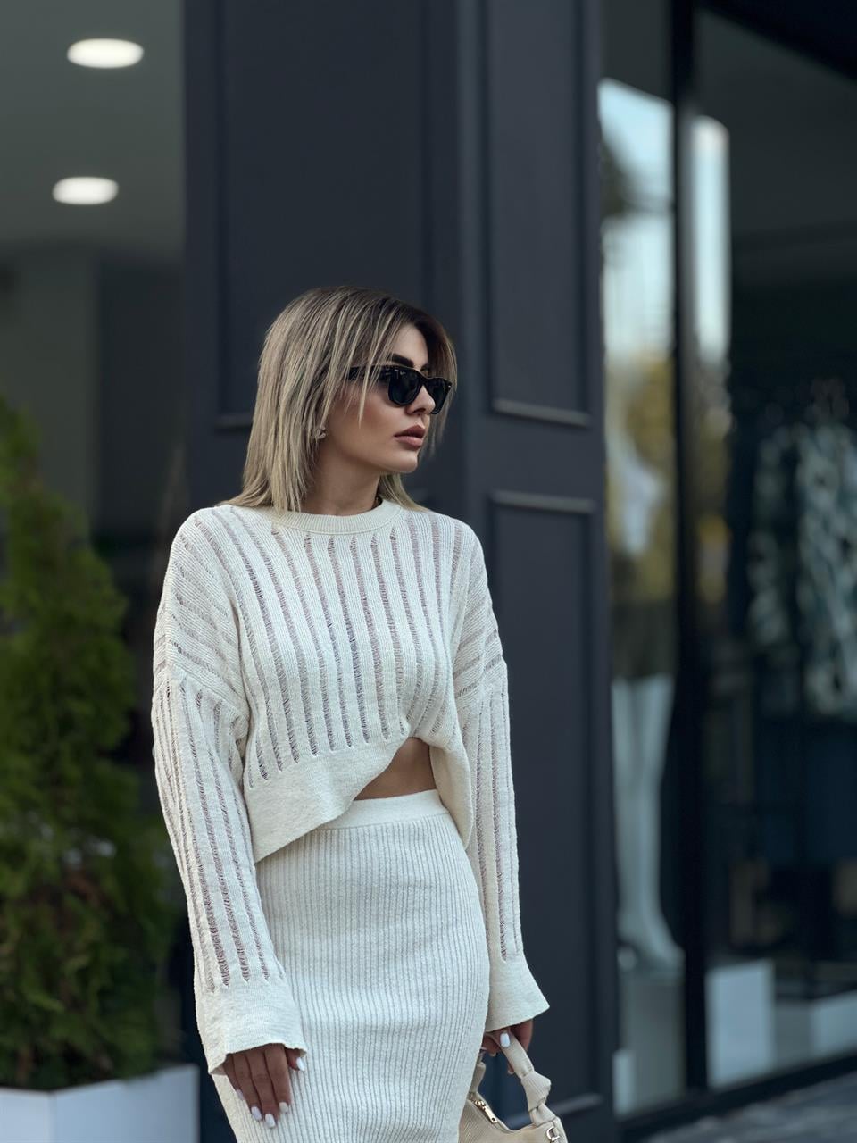 Openwork Sweater, Slit Skirt, Knit Set