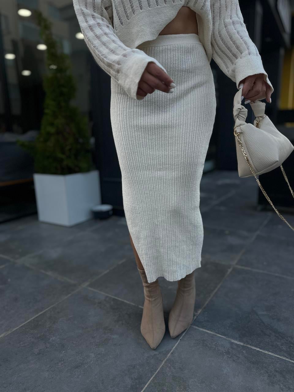 Openwork Sweater, Slit Skirt, Knit Set