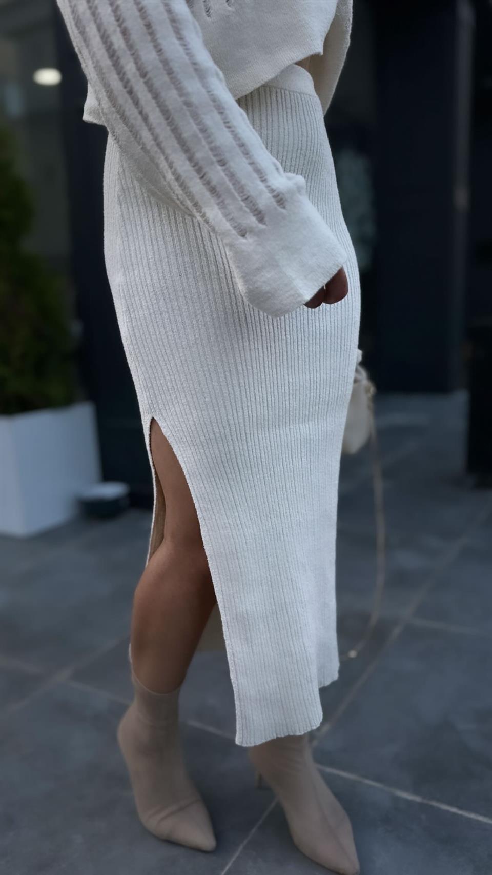 Openwork Sweater, Slit Skirt, Knit Set