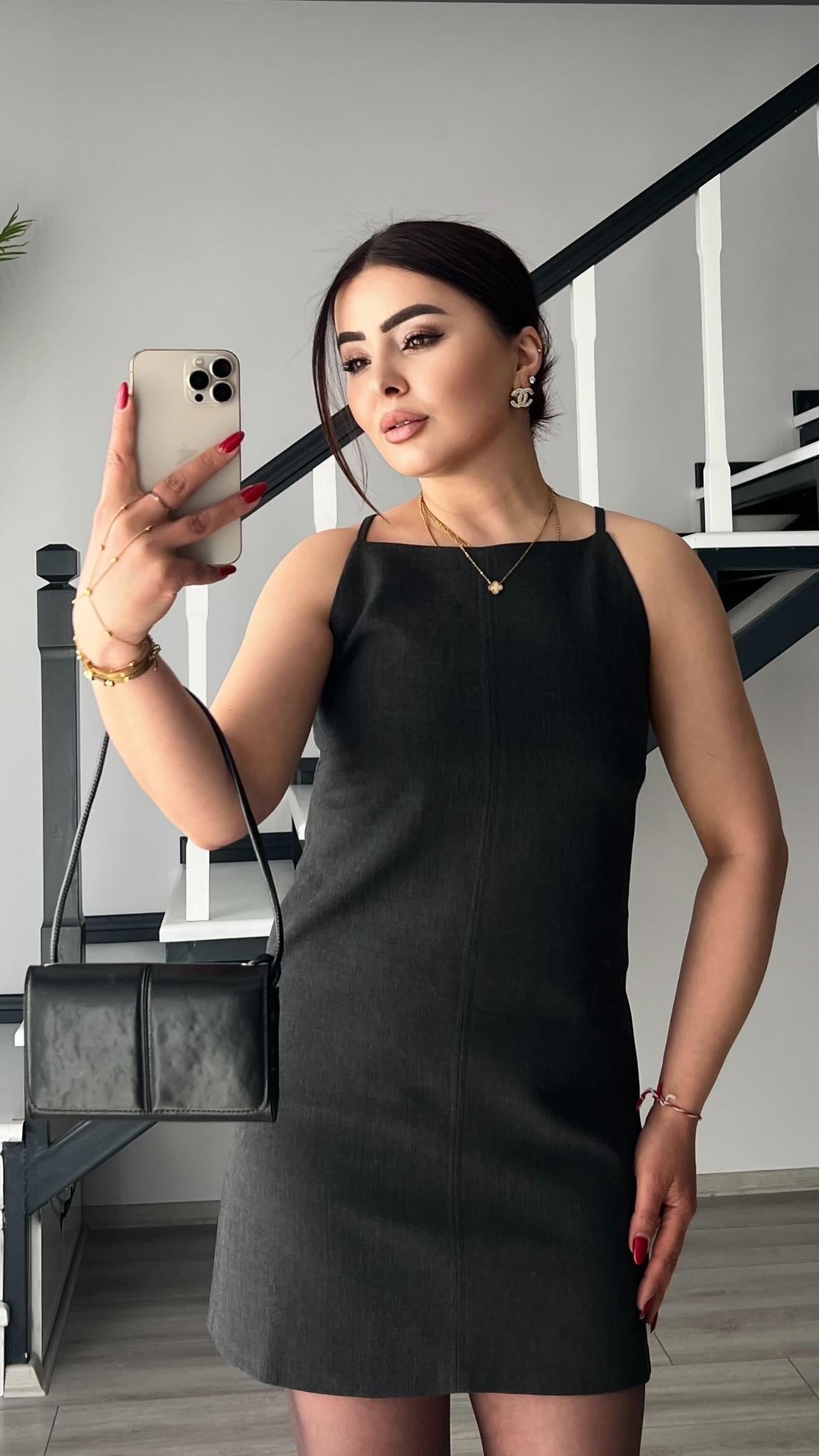 Antrasit Kare Yaka Askılı Mini Elbise