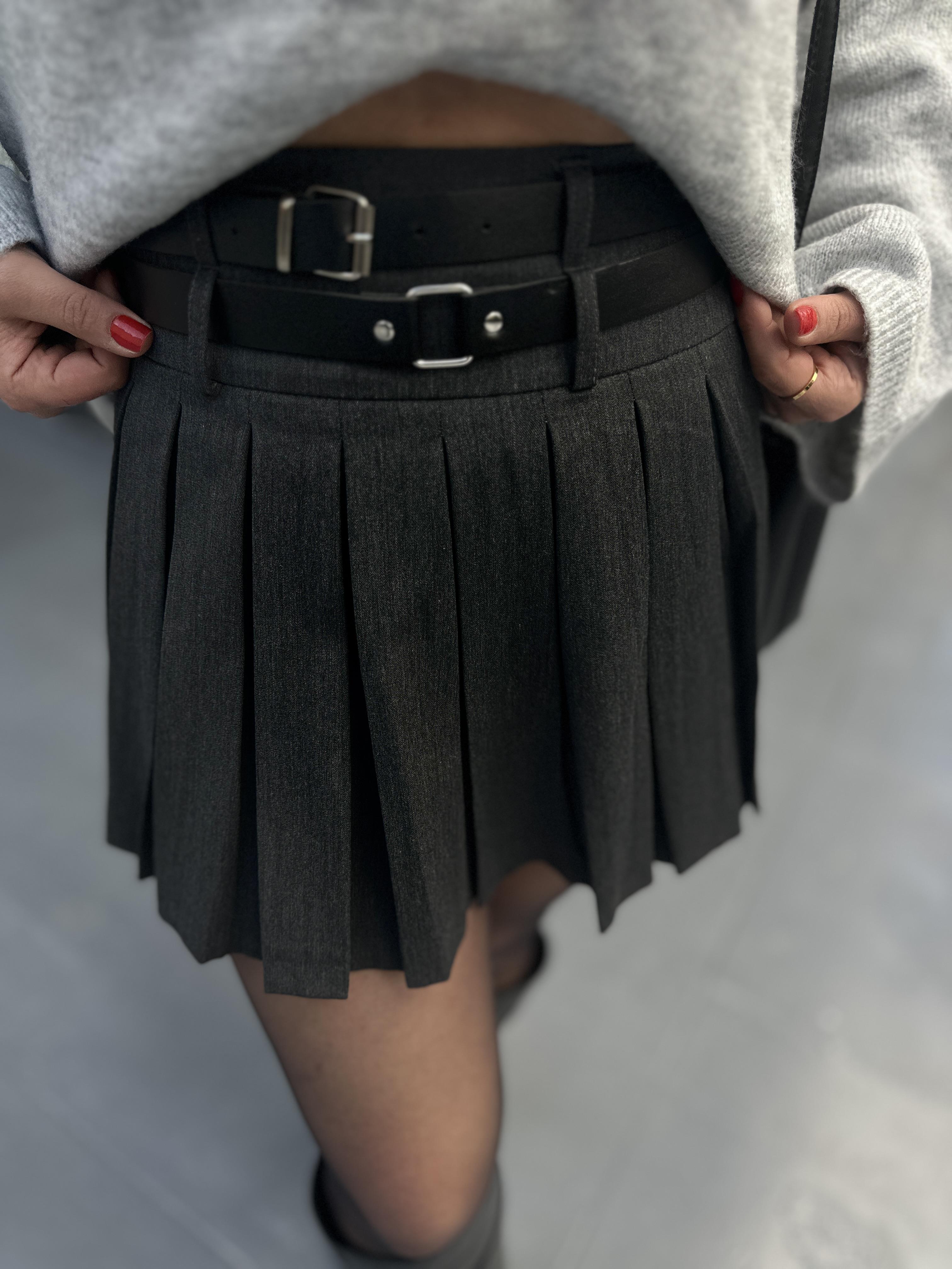 Anthracite Self-Belted Pleated Mini Skirt