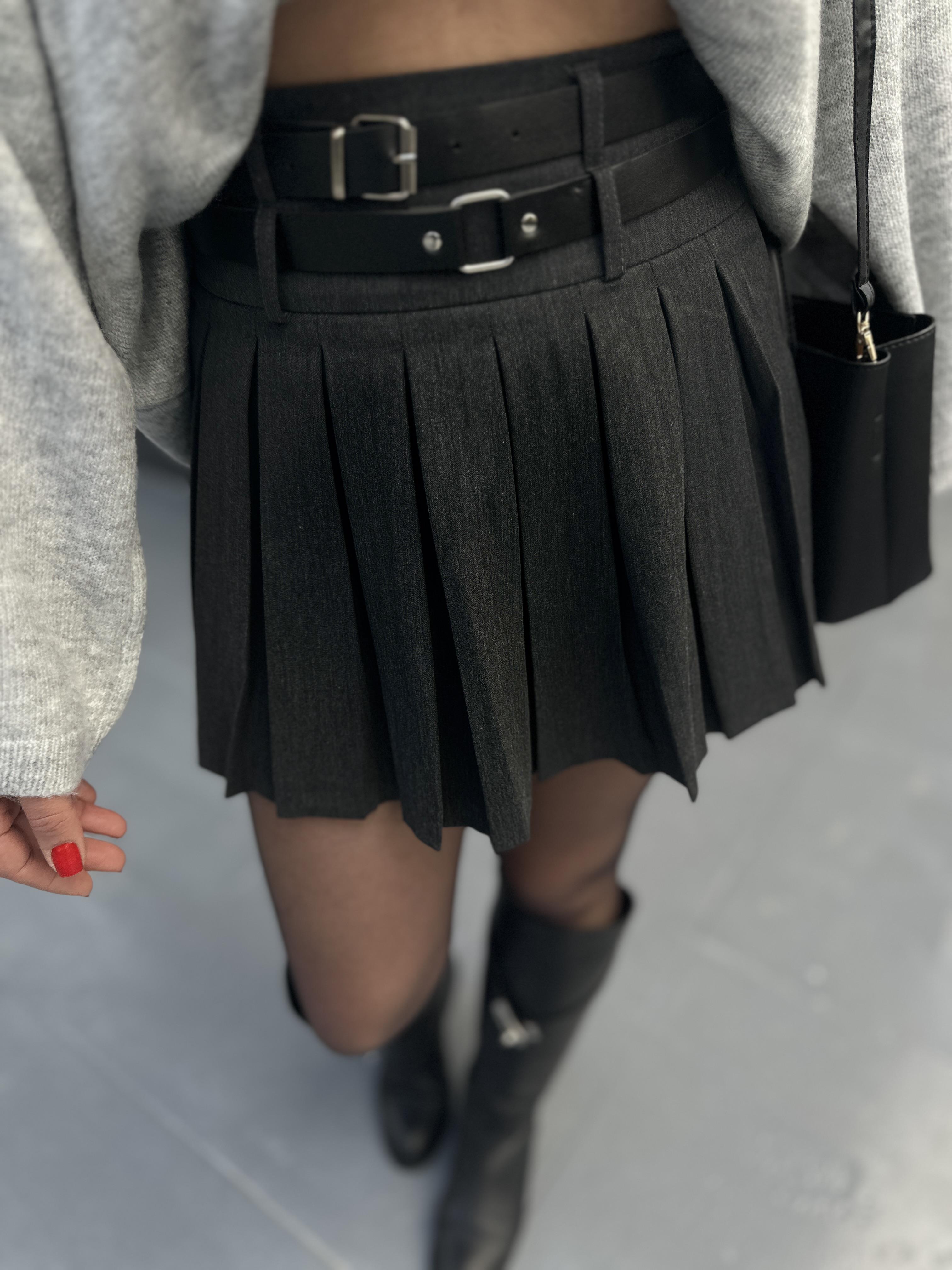 Anthracite Self-Belted Pleated Mini Skirt