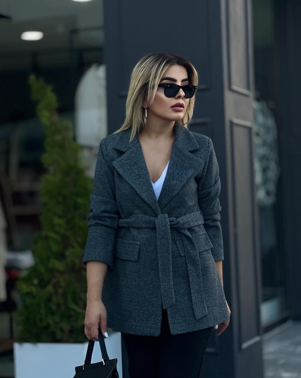 Antrasit Kuşaklı Kaşe Kaban 