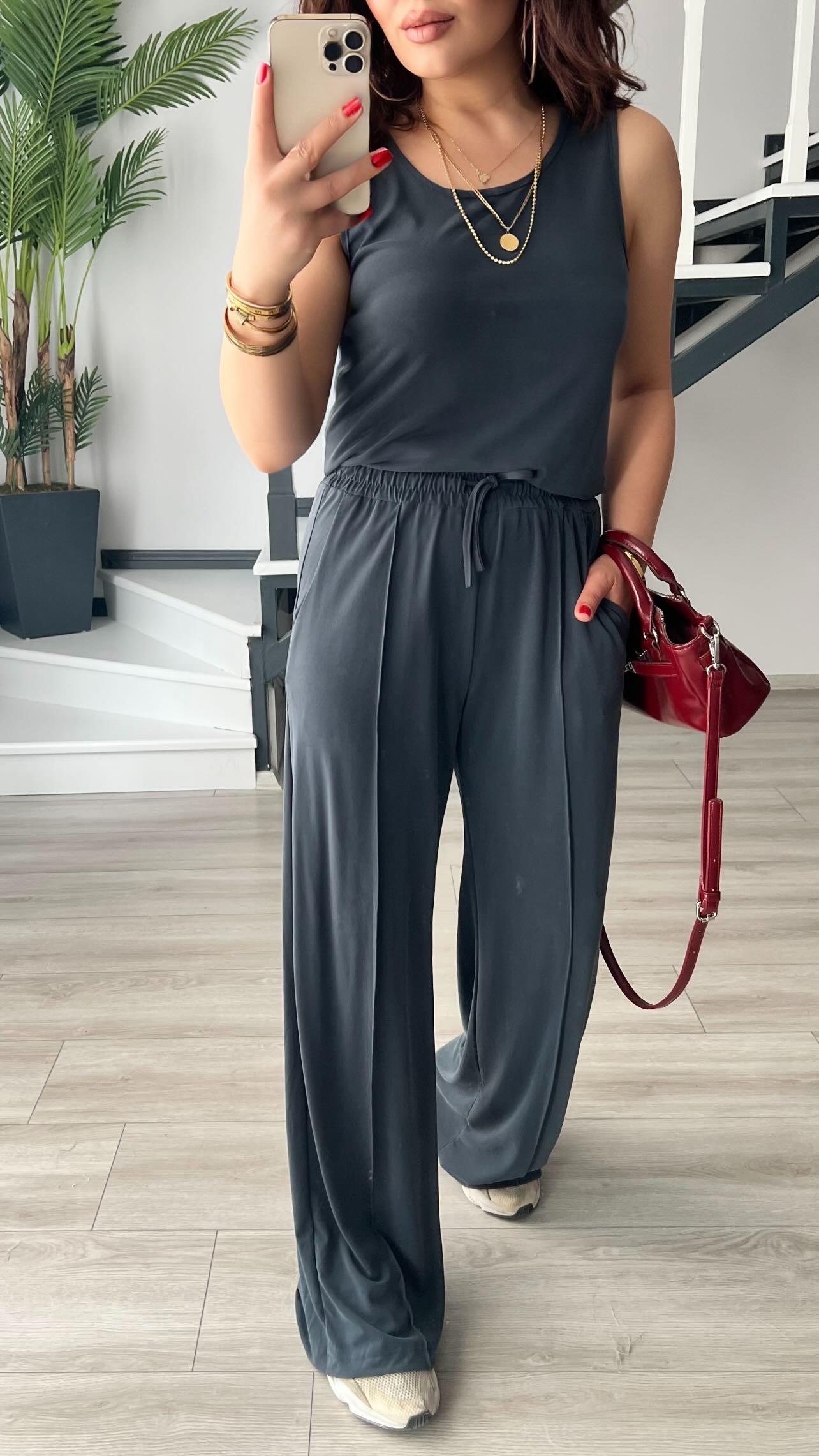 Anthracite Modal Fabric Tank Top and Pants Set