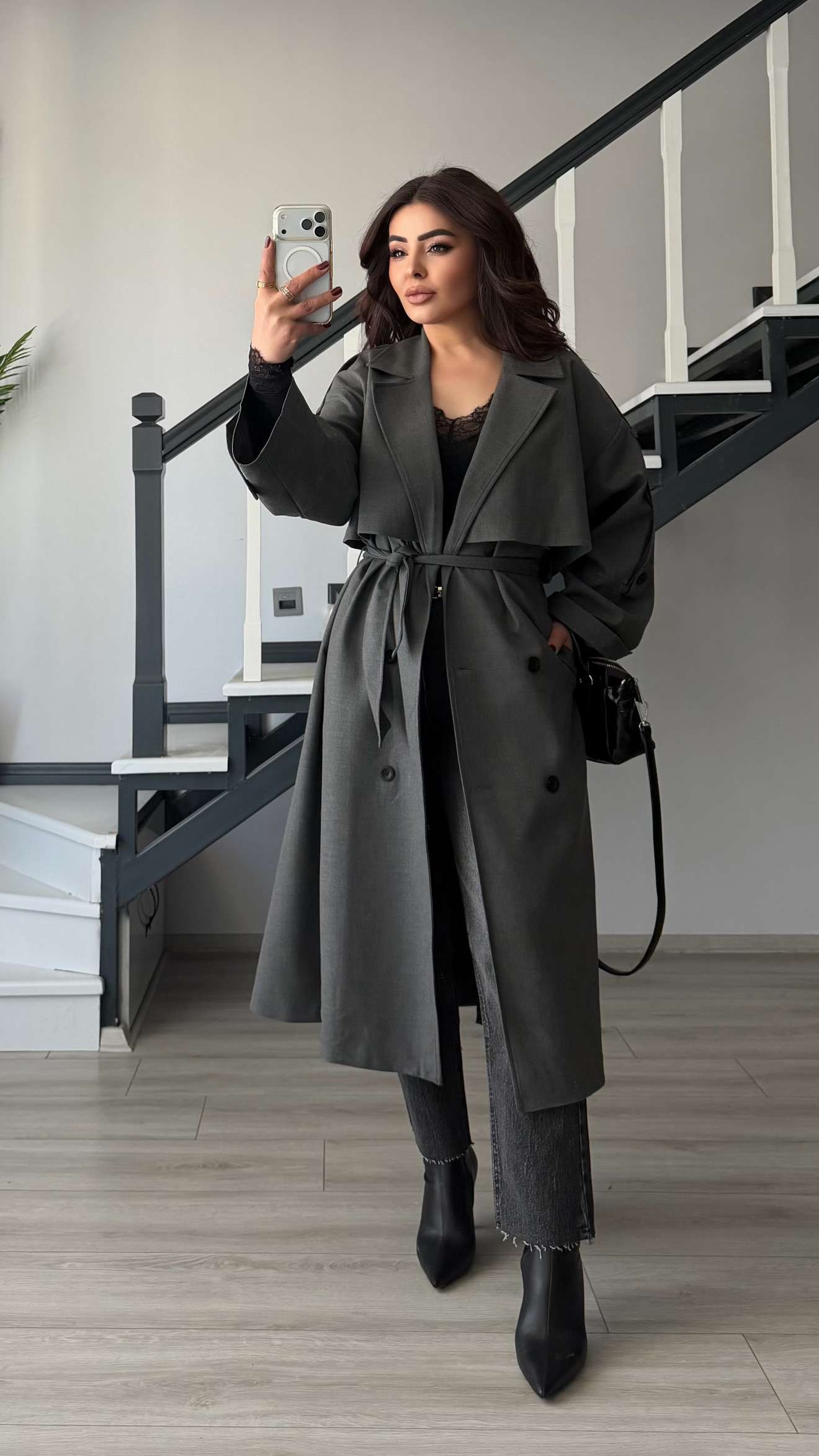 Antrasit Premium Oversize Trençkot